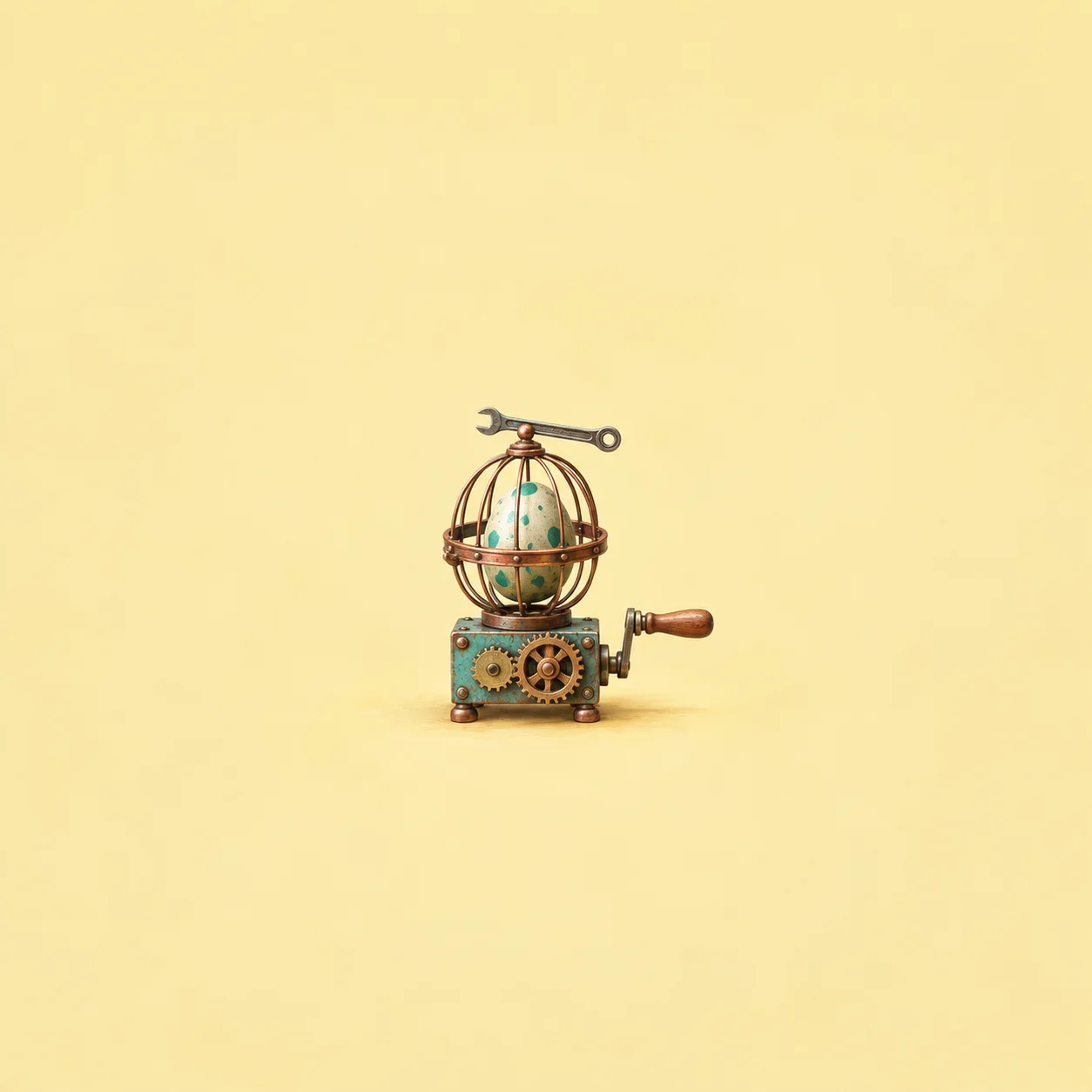 A small copper gear machine with a wire cage holding a speckled egg and a tiny wrench on top.