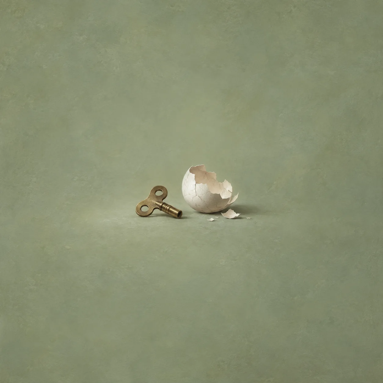 A small polished winding key beside a cracked white eggshell on a soft sage-green background.