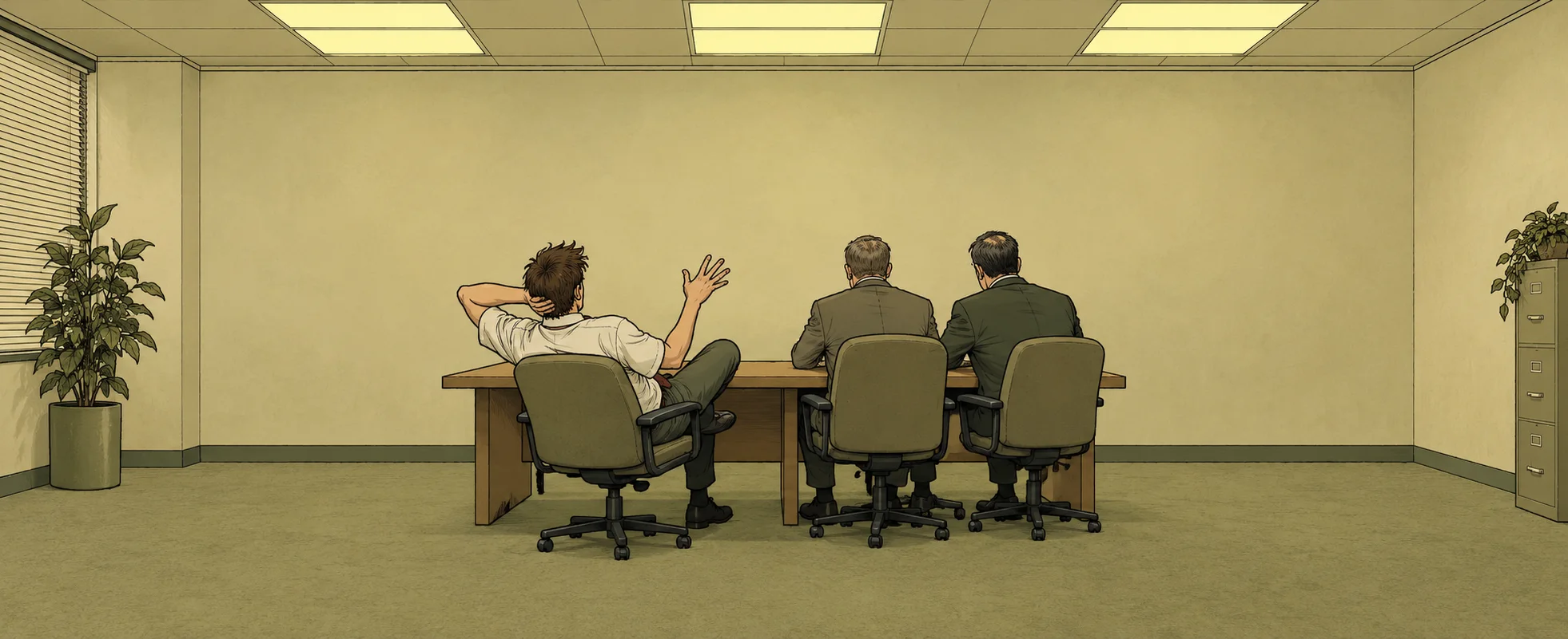 A relaxed young man lounges back in his chair in a bare conference room, gesturing to two consultants across the table.