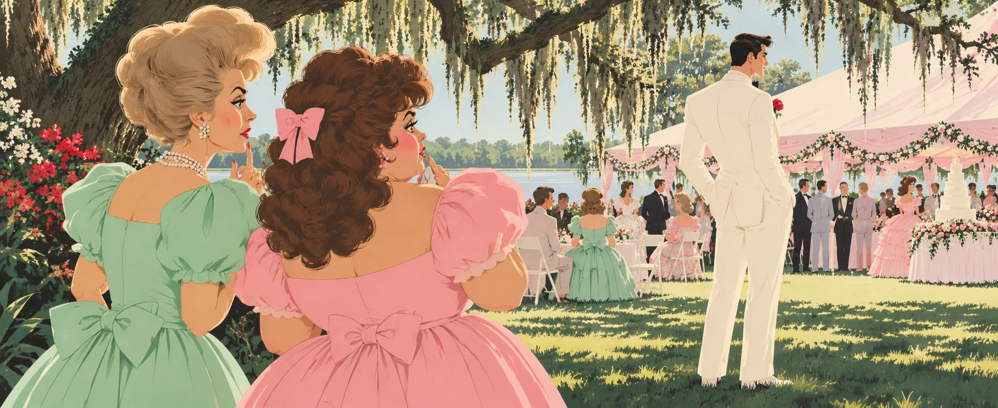 At a Southern wedding reception on a lawn under moss-hung oaks, two women in puffy pastel dresses and big hair whisper together as they eye a tall groom in a white tuxedo standing by the tent.