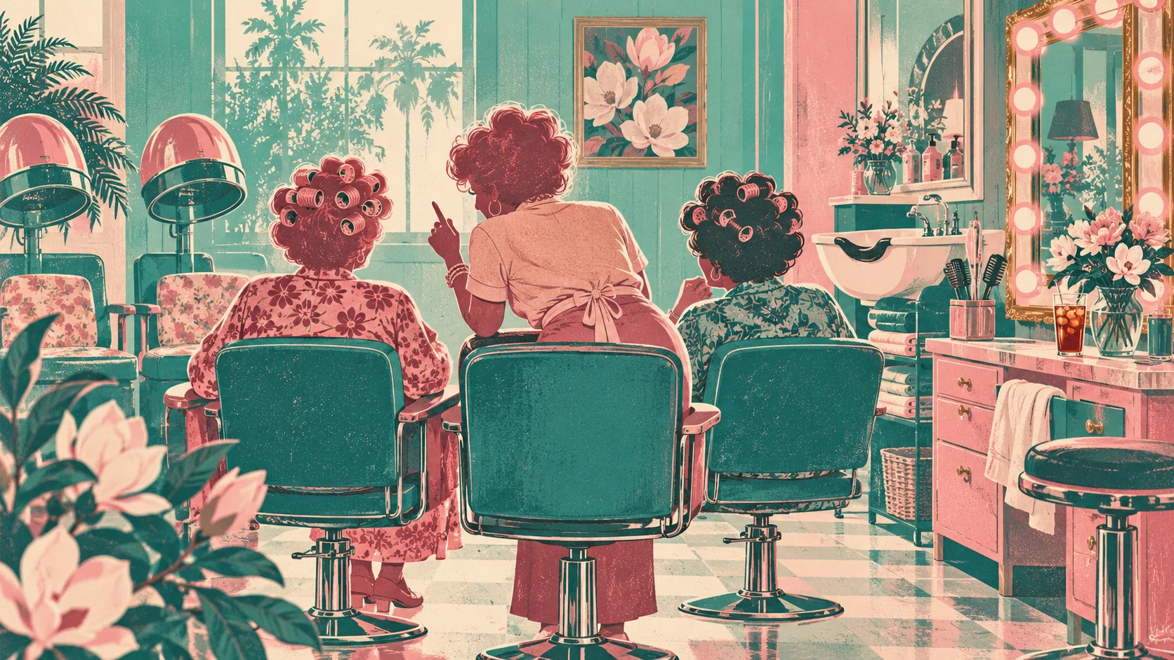 In a pastel 1980s Louisiana beauty salon, two older women in rollers sit in salon chairs, seen from behind, while a third leans over the chair backs mid-gossip, a finger raised, hood dryers behind them.