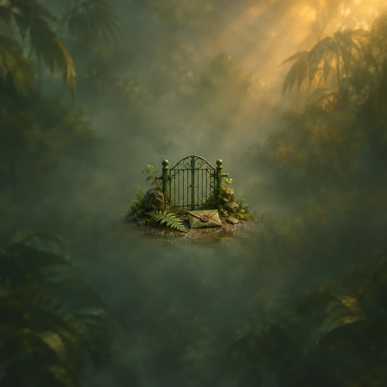 A closed green garden gate surrounded by ferns, with a sealed envelope lying outside in misty woodland.