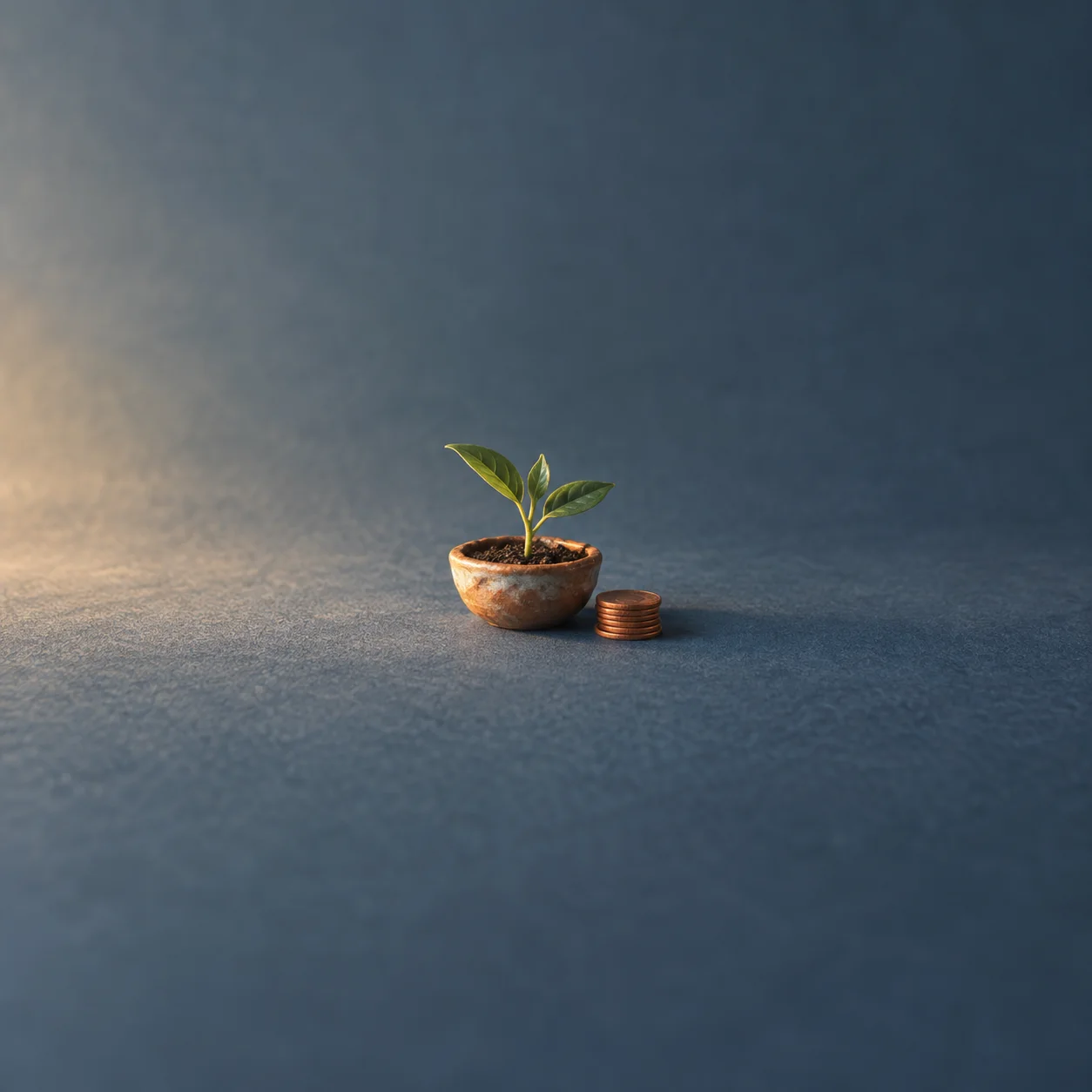 A clay bowl with a green seedling next to a small stack of copper coins on a blue surface.