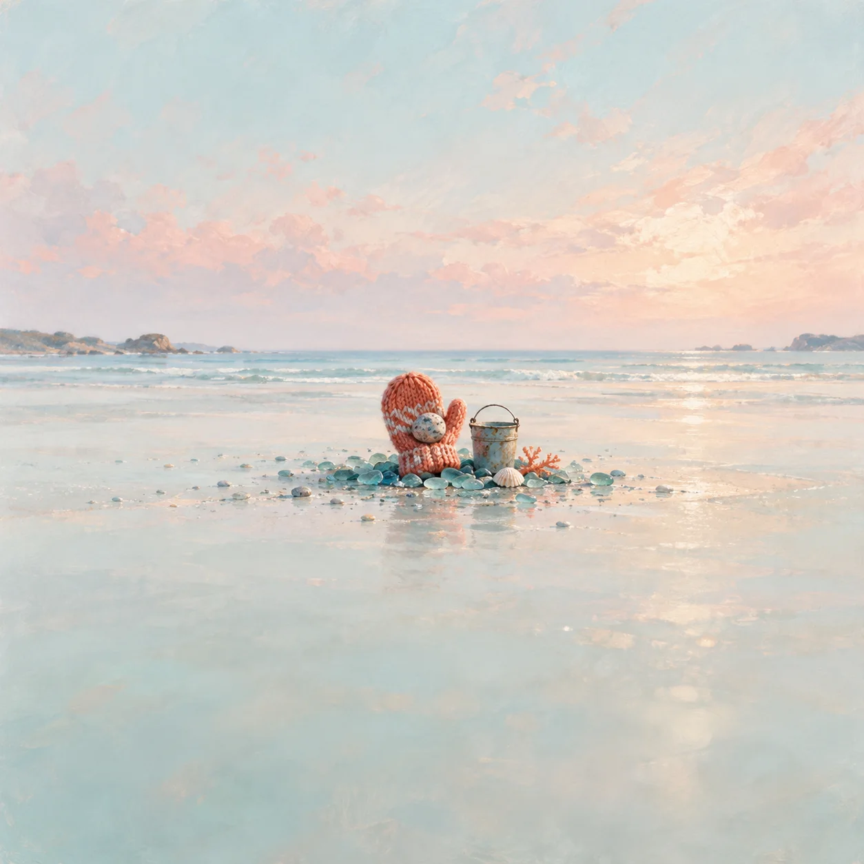 A tiny coral knitted mitten holds a pebble beside a small bucket on a sunlit shore.
