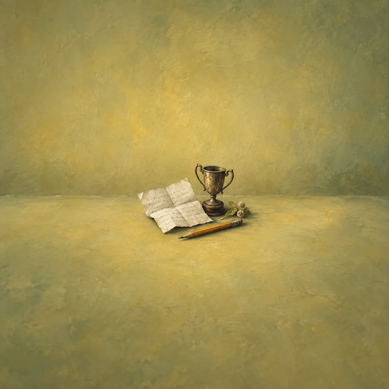 Painterly folded handwritten note, pencil and small trophy cup on faded yellow-green.