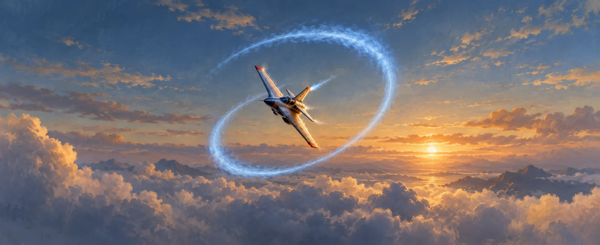 A small silver model aircraft tilts inside a circular trail of blue light above distant clouds.