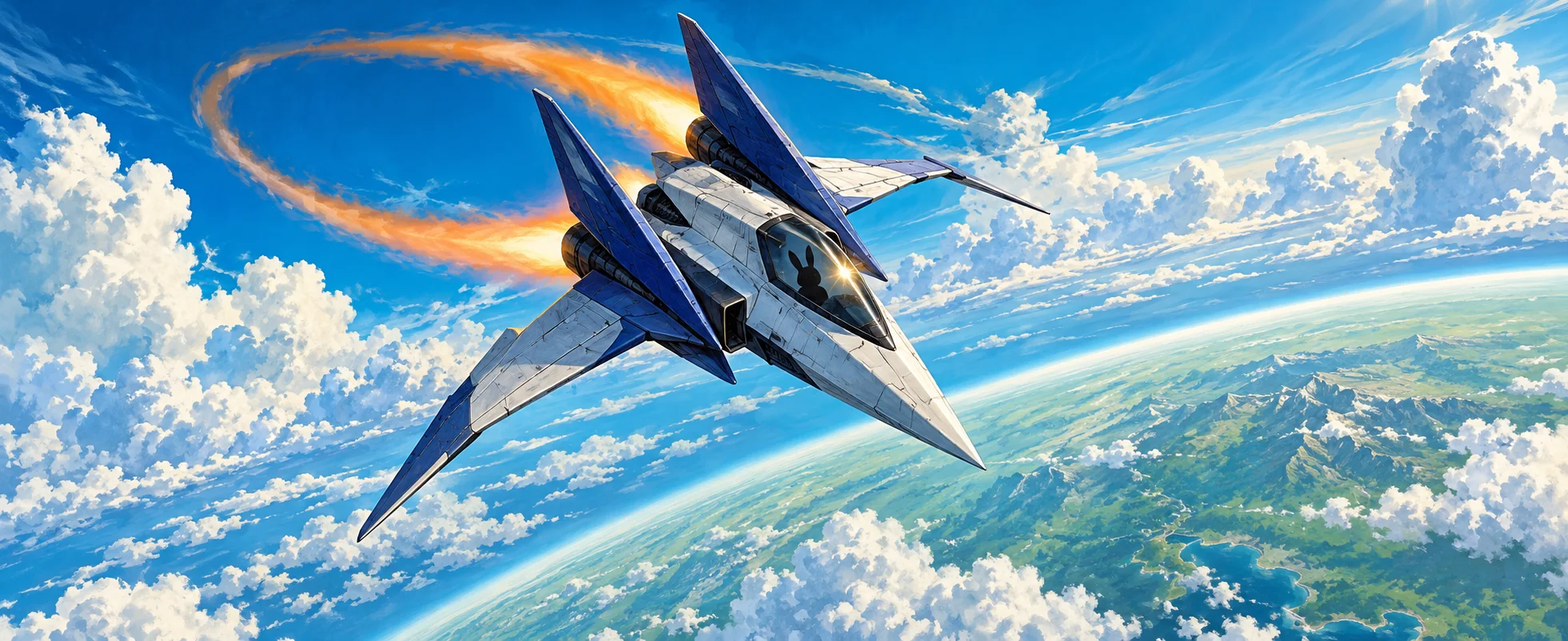 A sleek blue-and-white starfighter rolls through bright clouds high above a green planet, a looping trail behind it.