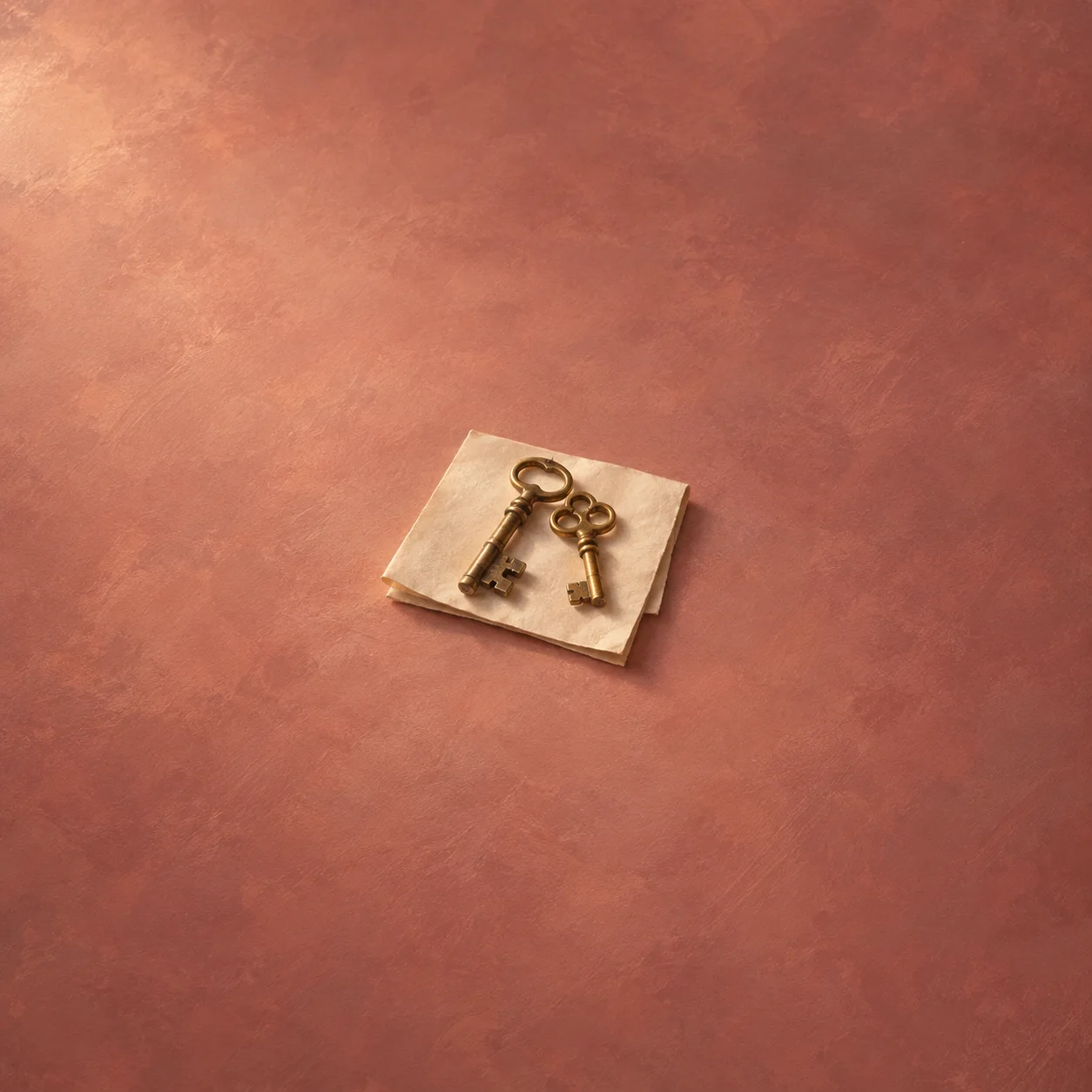 Two brass keys rest together on a folded cream sheet against a dusty rose background.