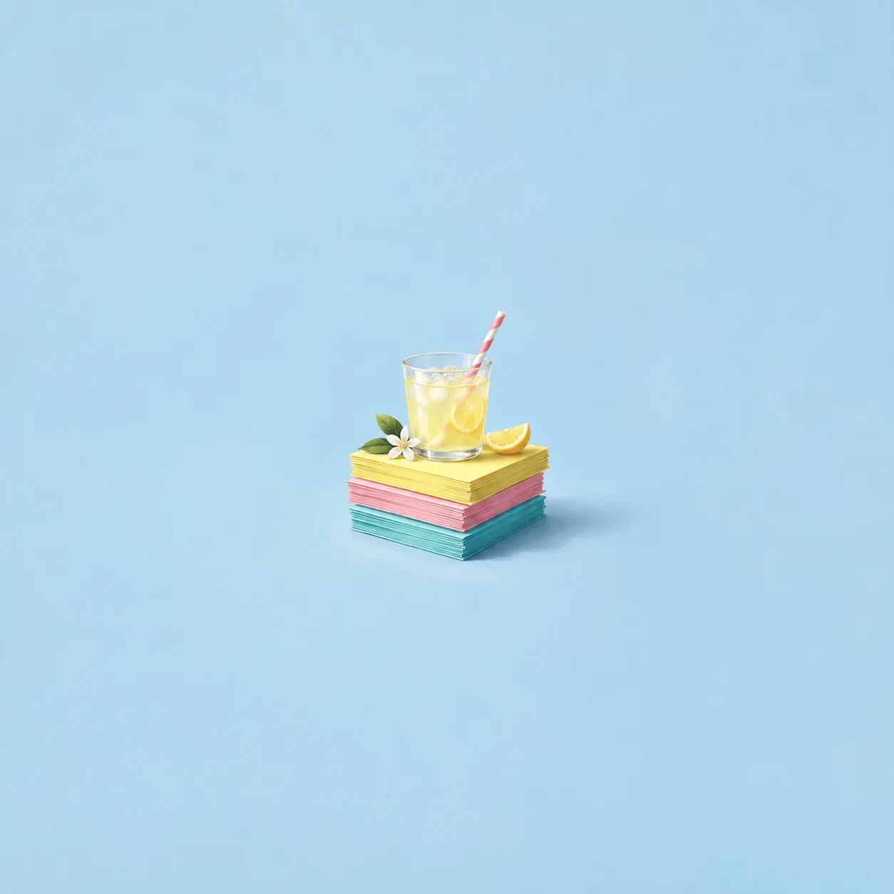 A glass of lemonade with a striped straw sits on a colourful stack of cards beside lemon slices.