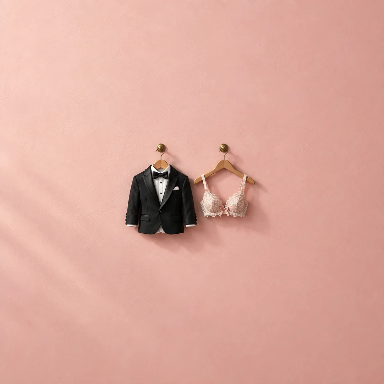 A black tuxedo jacket and a pale lace bra hang side by side on wooden hangers against pink.