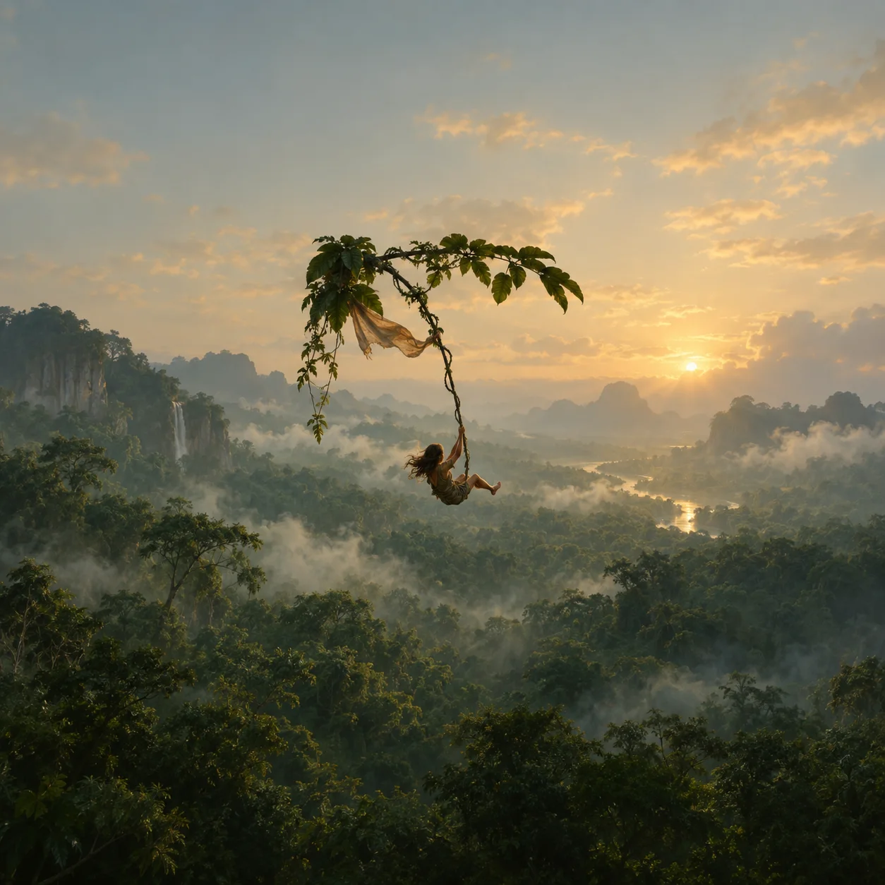 A small dark-haired figure swings from a vine beneath a leafy branch above a misty jungle at sunset.