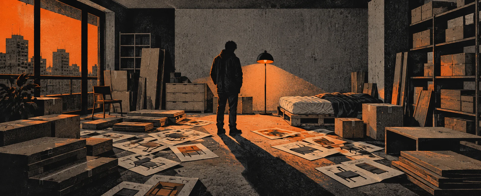 A lone figure stands in a bare loft scattered with catalogue pages and flat-pack furniture, lit by a single lamp.