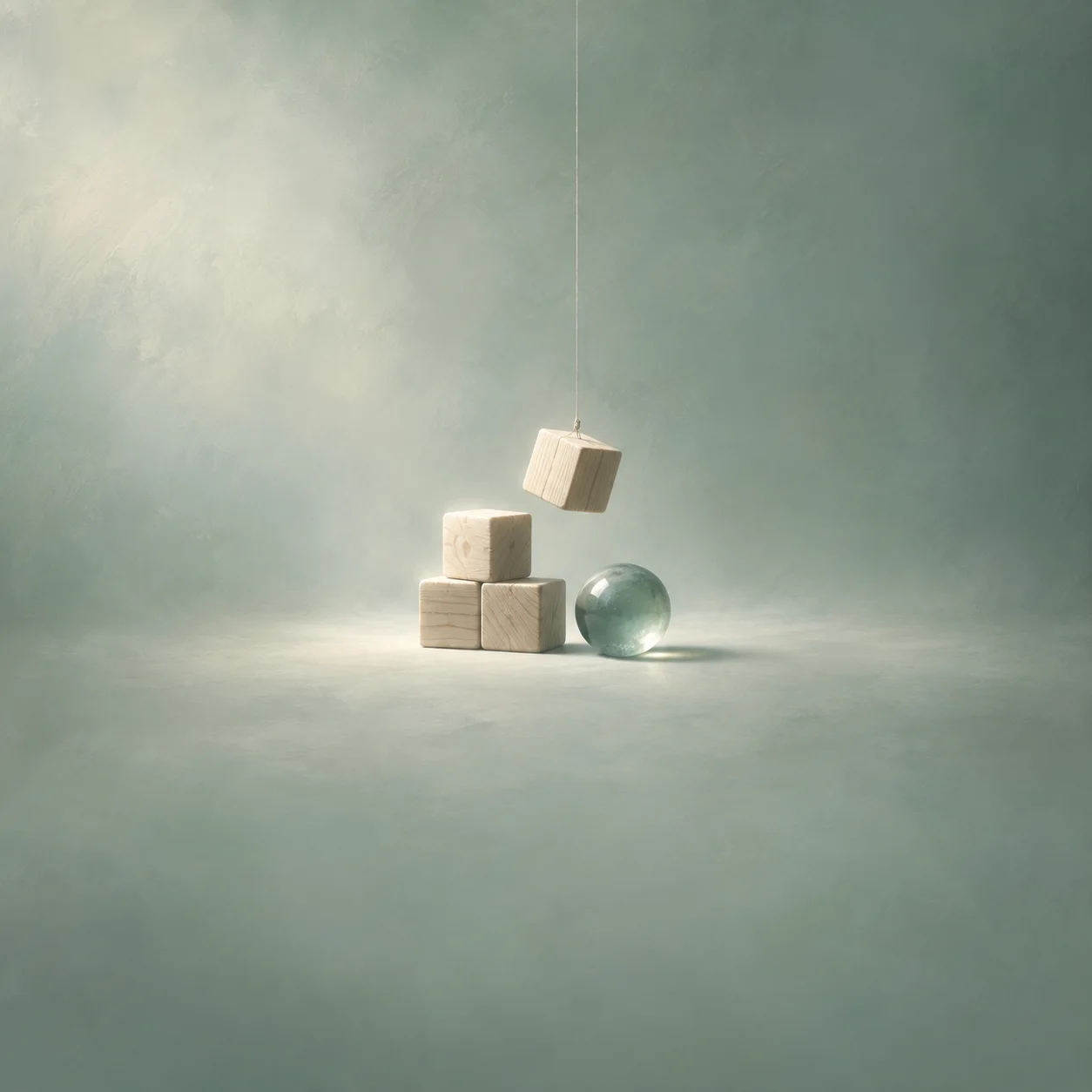 Pale wooden blocks with one lifted by a thread beside a clear glass sphere against a soft green background.