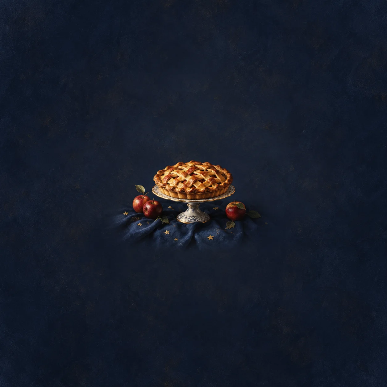 A lattice-crust apple pie on a pedestal plate with tiny stars scattered on a dark blue tablecloth.