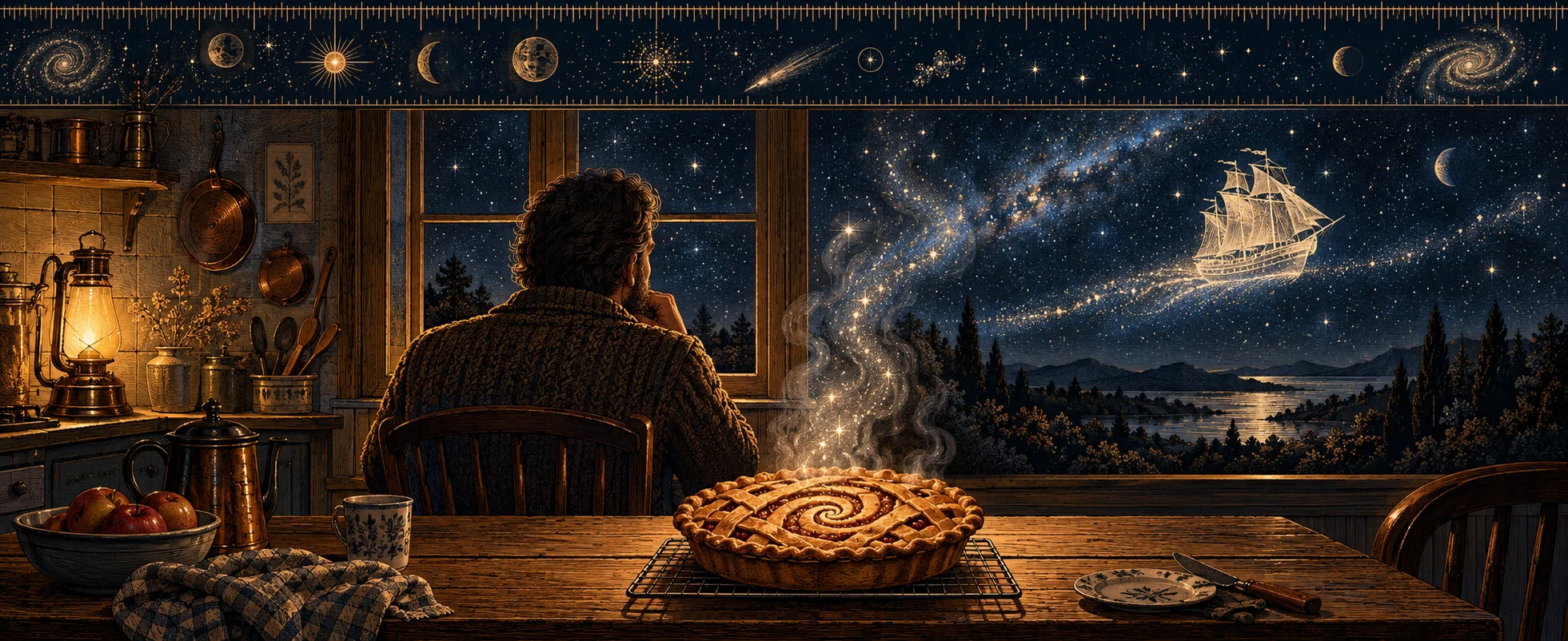 A man sits at a kitchen table at night before a cooling apple pie whose steam rises into a window full of stars and galaxies.