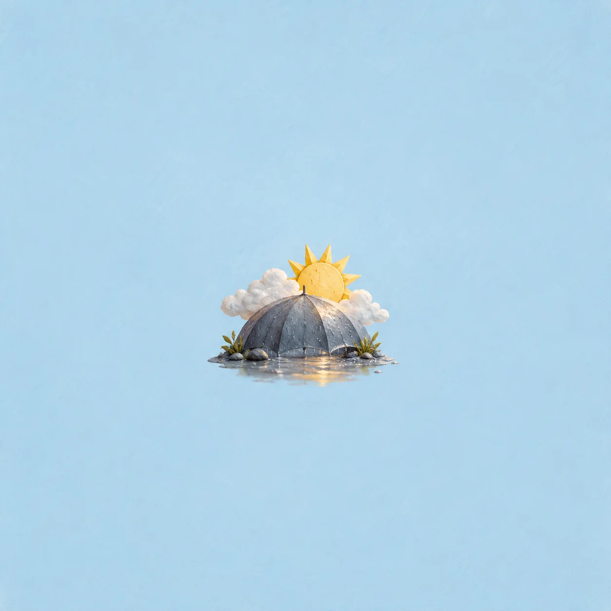 A yellow paper sun and white clouds rise behind a small grey umbrella surrounded by shallow water.