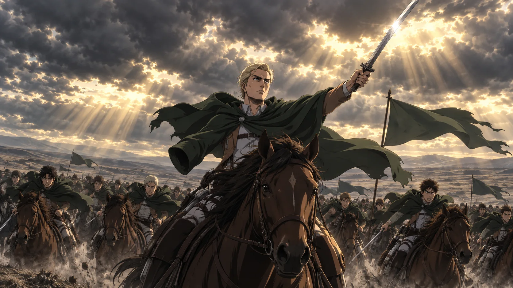 Anime illustration: a stern blond commander in a green cloak rides at the head of a charging cavalry host across a windswept plain, raising a sword to the sun-streaked sky as riders and tattered banners surge behind him.