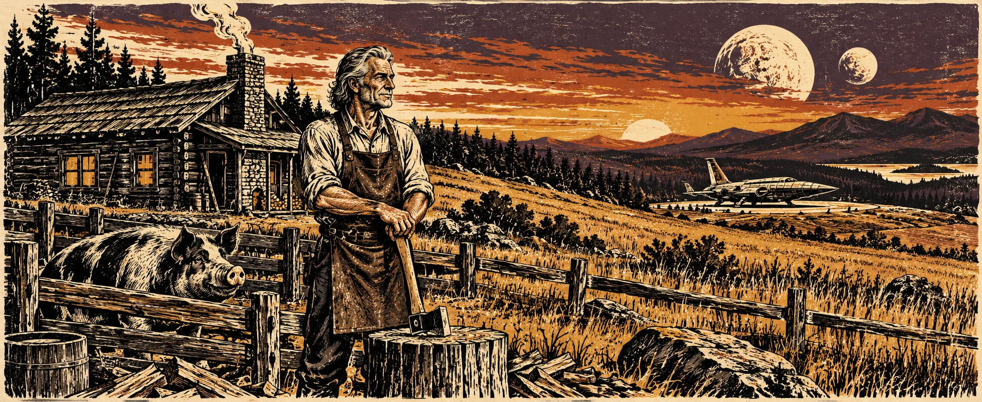 A lean, weathered man in a leather apron stands with an axe by a chopping block on a frontier homestead under two moons, in woodcut style.