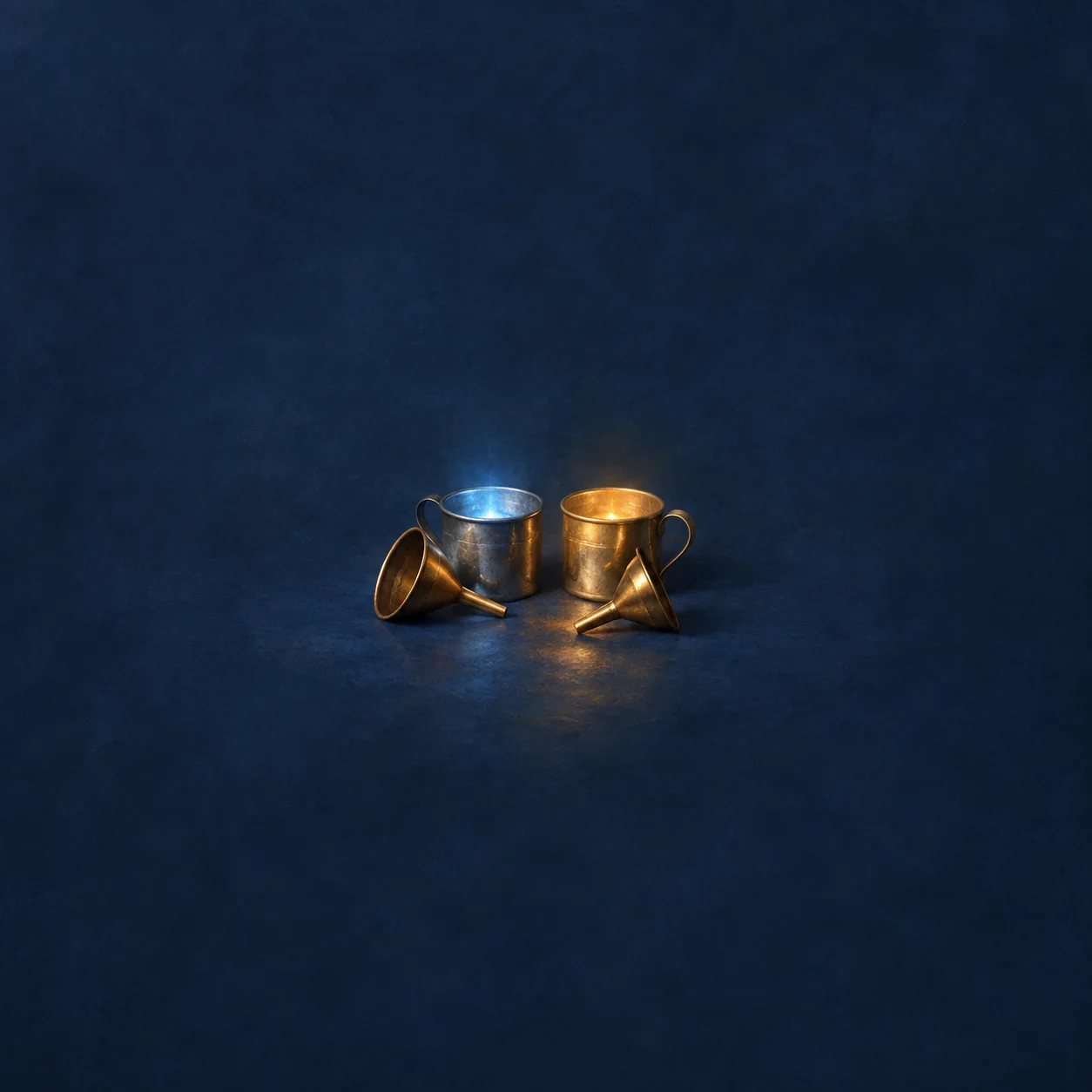 Two brass cups glow blue and gold beside two small funnels against a dark blue background.