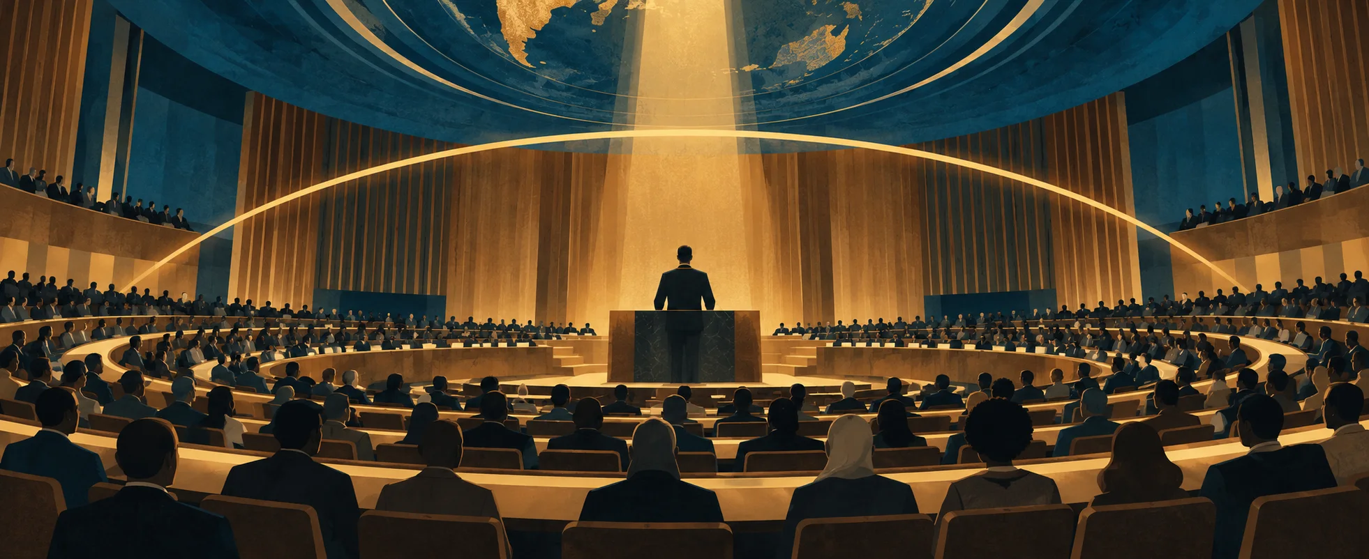 A lone speaker stands at the lectern of a vast circular assembly hall under a golden shaft of light.