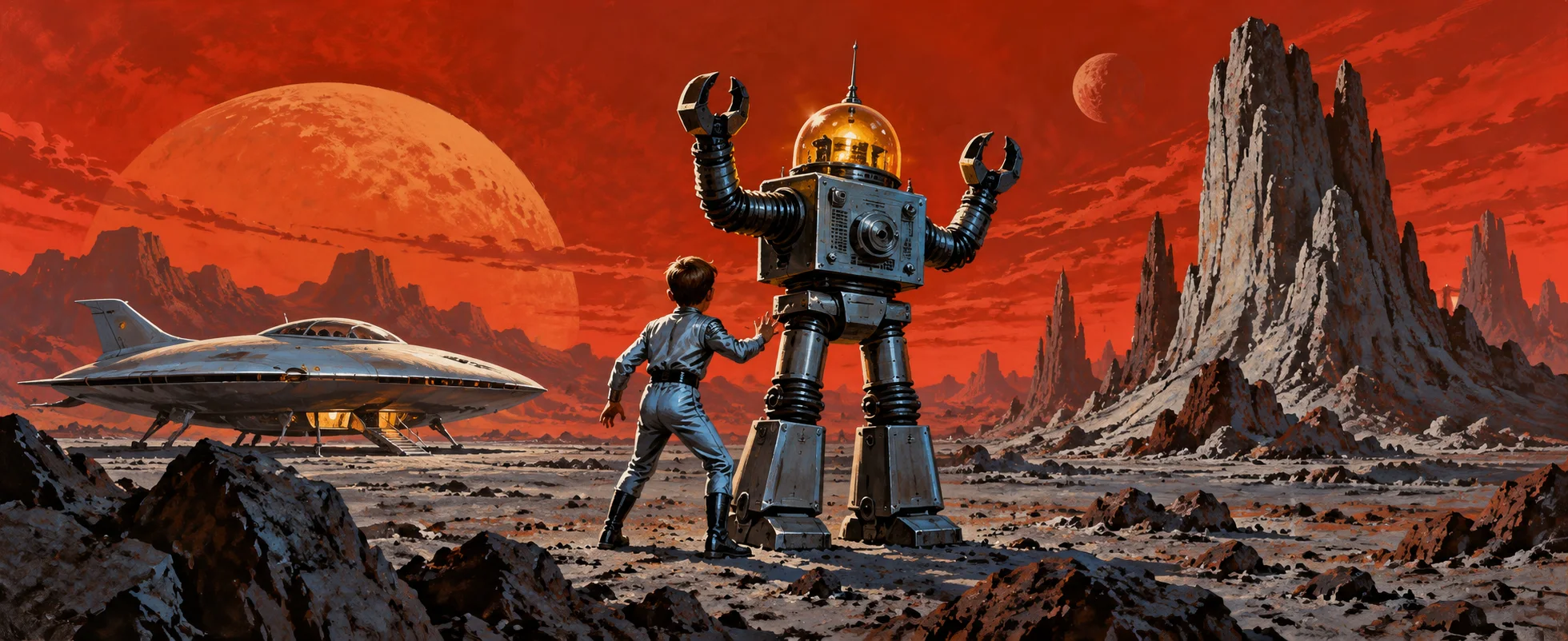 A boy in a silver jumpsuit stands beside a tall robot with a glowing dome and raised claw arms on a red alien plain, a flying-saucer spaceship behind them.