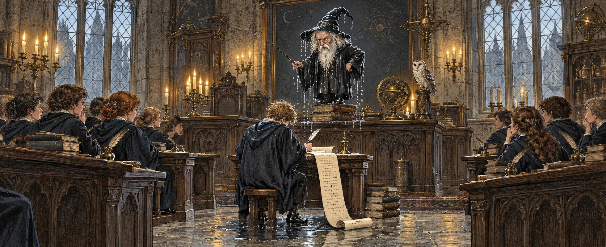 A tiny, soaked wizard glares from a pile of books at the front of a Hogwarts classroom while a boy in a puddle writes lines on a long scroll.