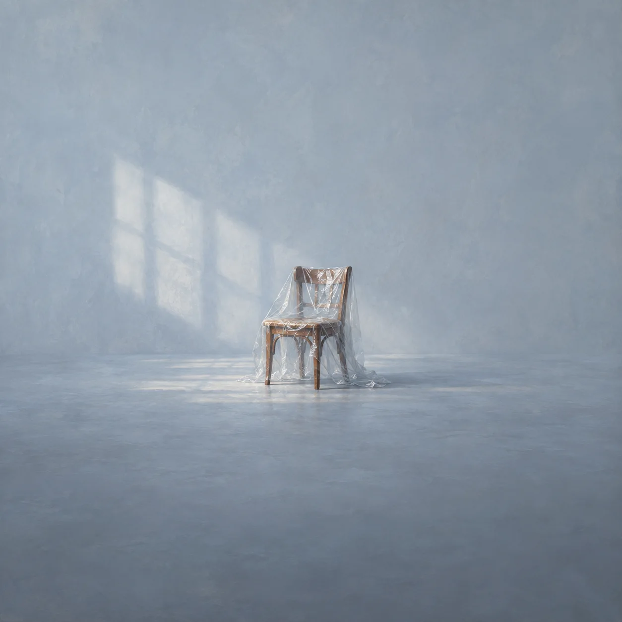 An empty wooden chair is draped in clear plastic beneath pale window light.