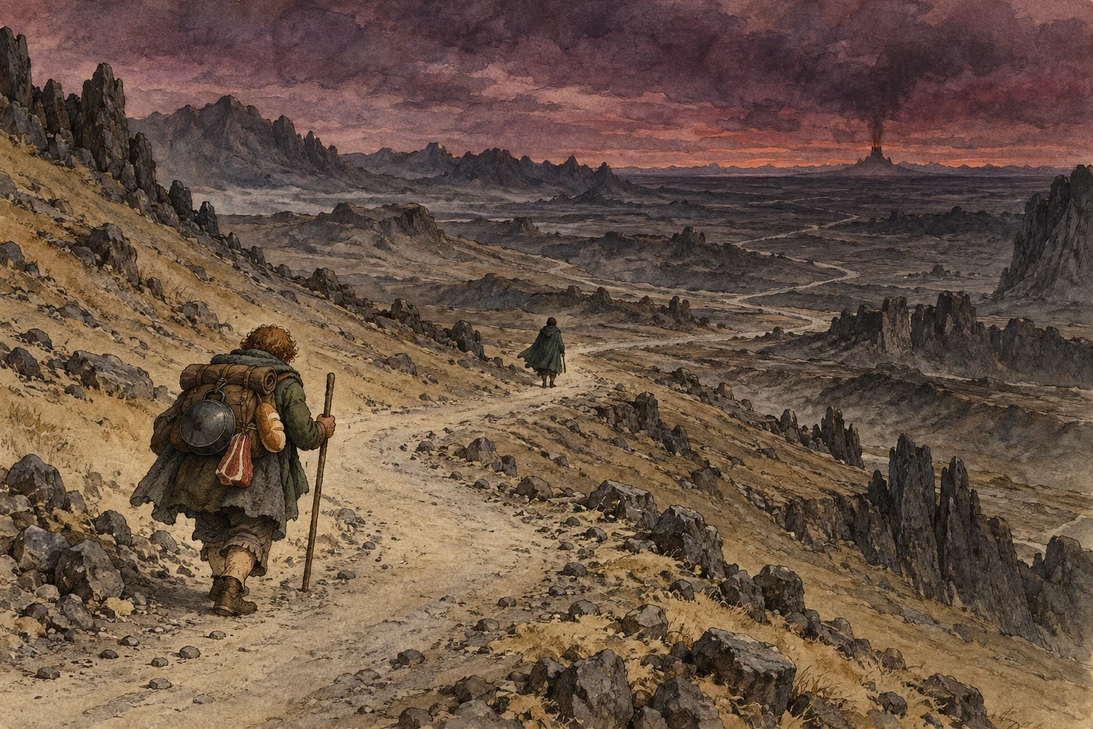 A laden hobbit with a staff trudges along a dusty path through barren hills toward a smoking mountain, his companion small ahead.