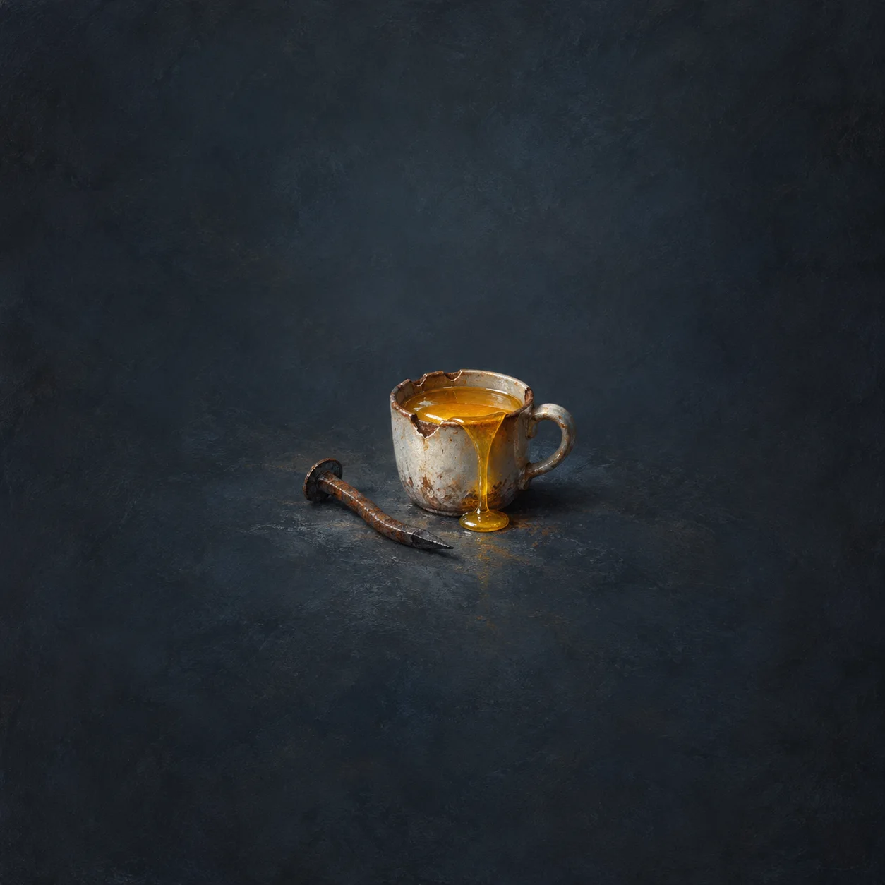 Golden honey spills over the edge of a chipped mug beside a bent rusty nail on a dark surface.