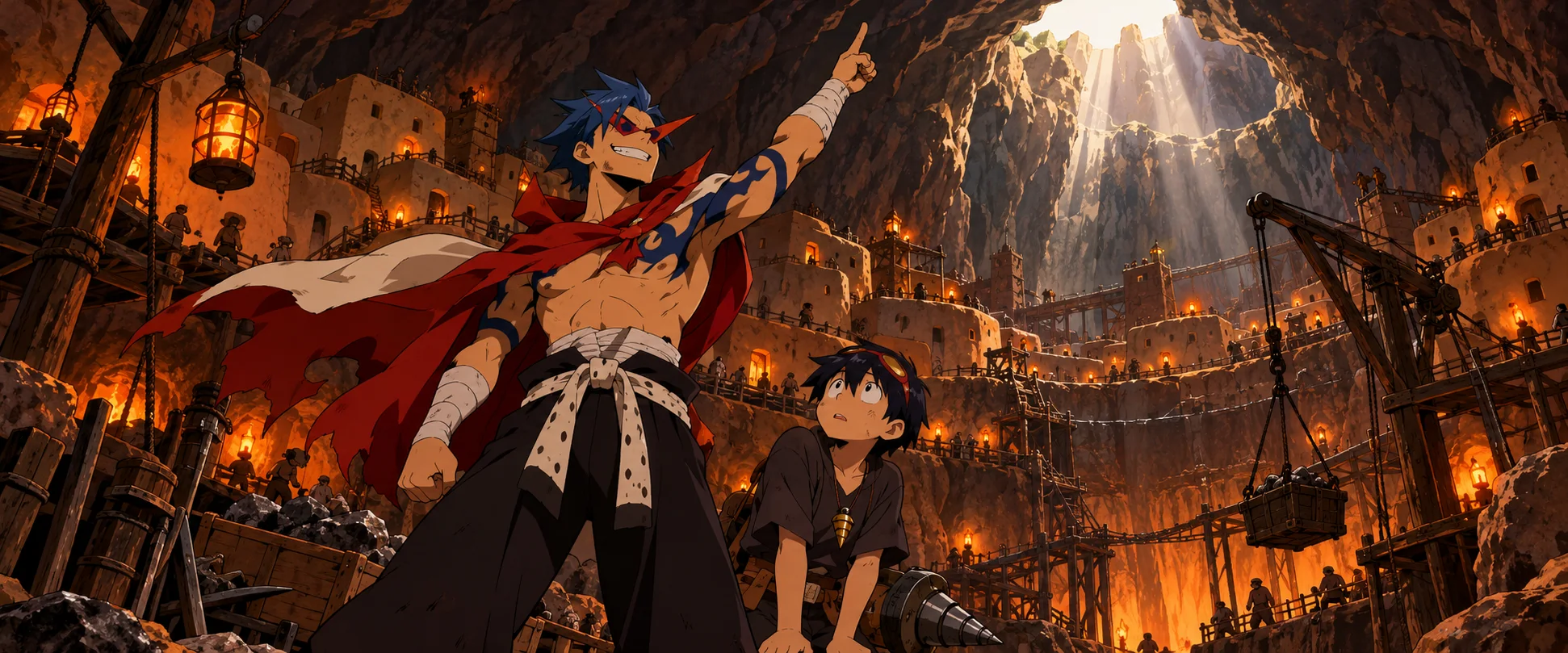 Anime illustration: in a cavern village lit by lamps, a shirtless young man with a blue flame tattoo, red pointed sunglasses and a cape points up at a shaft of light, while a smaller boy beside him looks up.