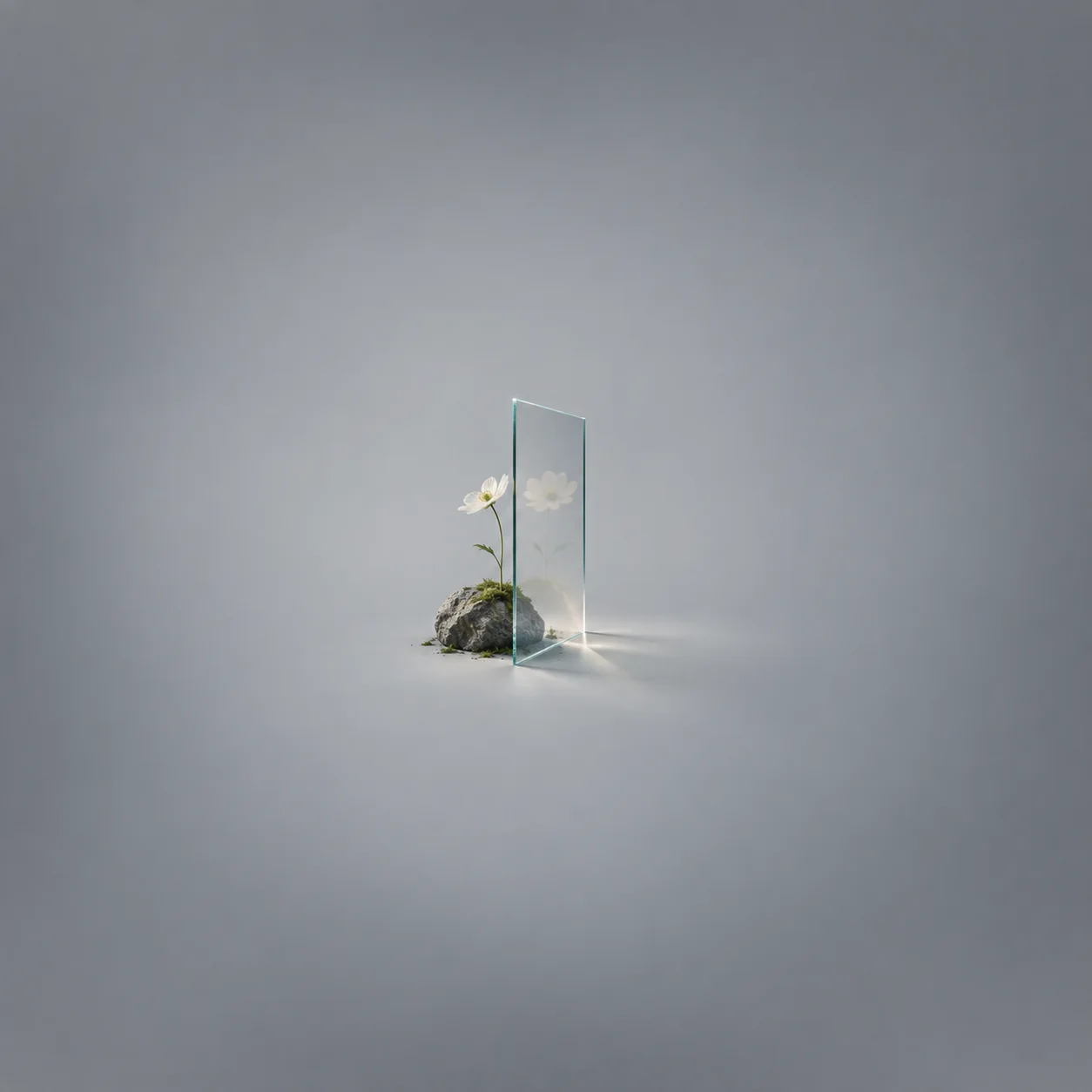 A narrow upright pane of clear glass stands beside a small white flower and mossy stone against a grey background.