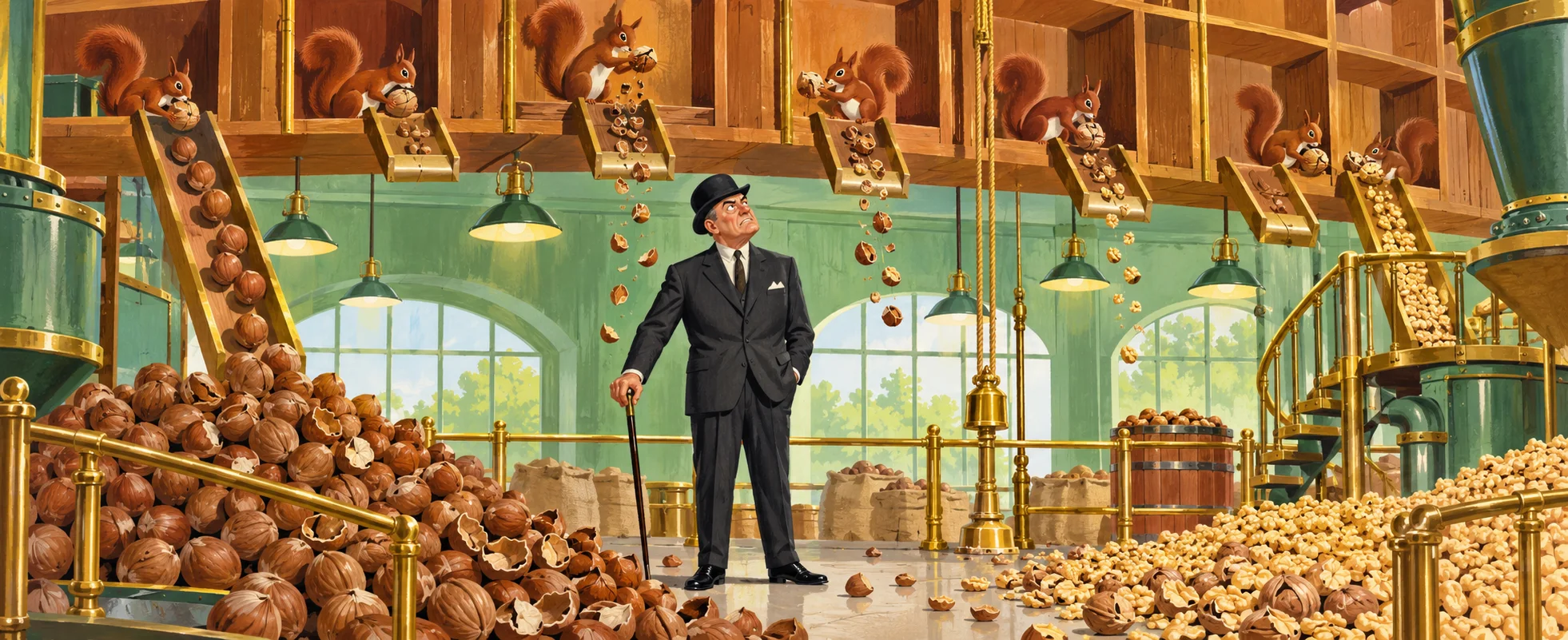 A man in a bowler hat stands with his cane in a factory room full of nuts and busy squirrels.