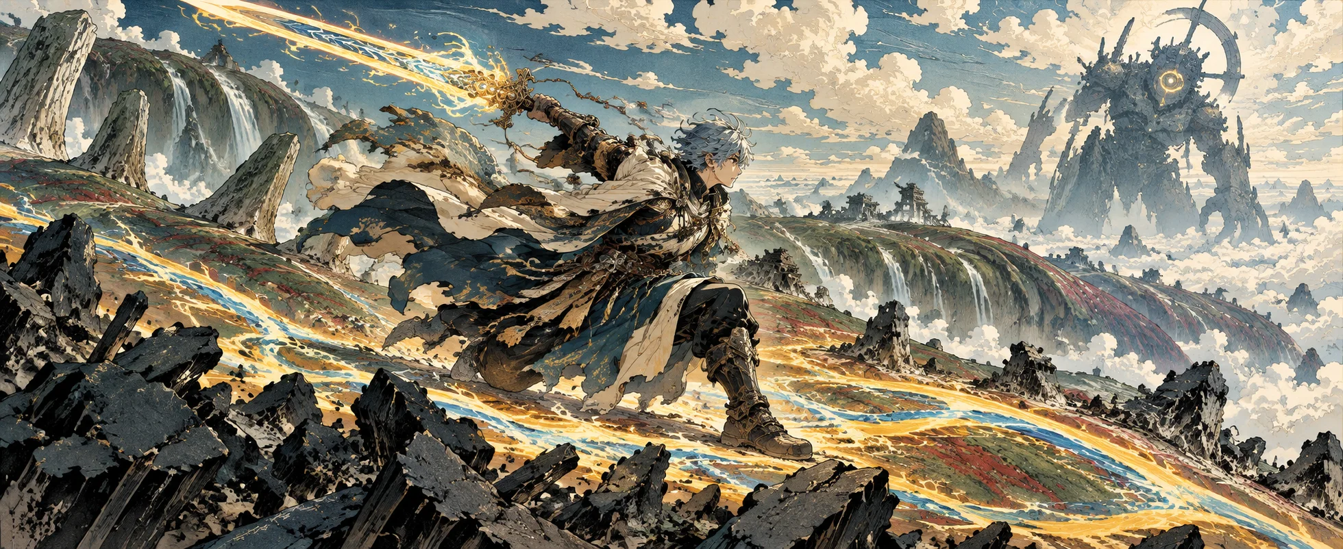 A white-haired swordsman leaps across a landscape on the back of a colossal titan.