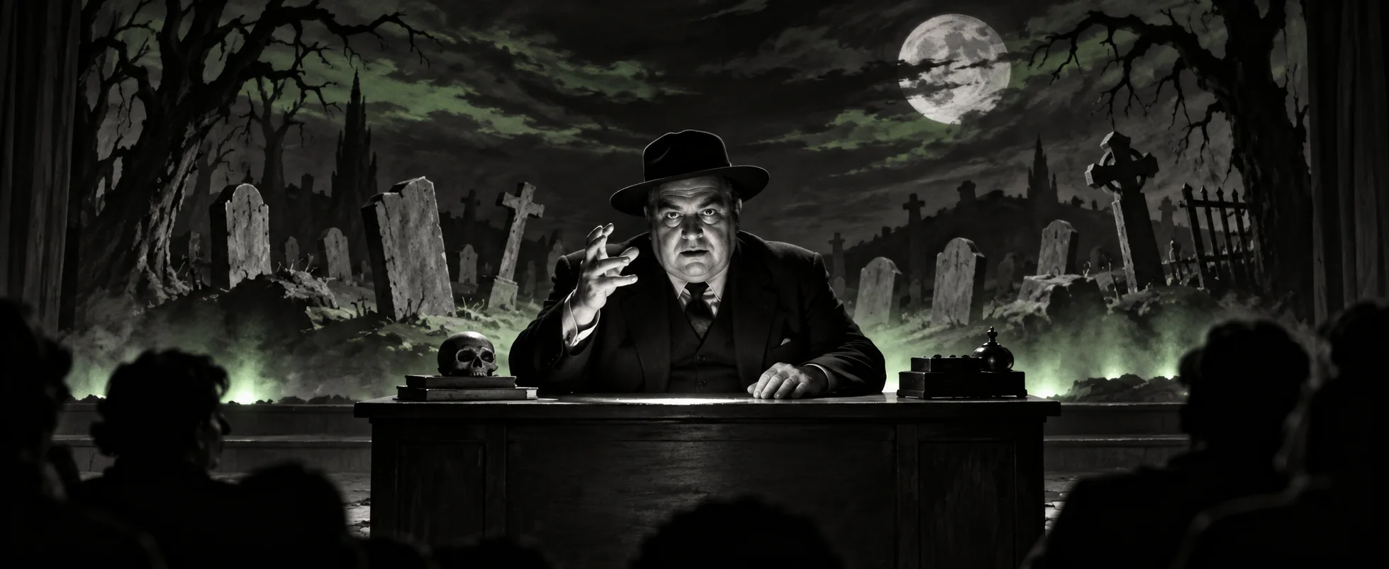 A heavy-set narrator sits at a desk on a dark stage before a cheap painted graveyard backdrop under a full moon, in black and white.