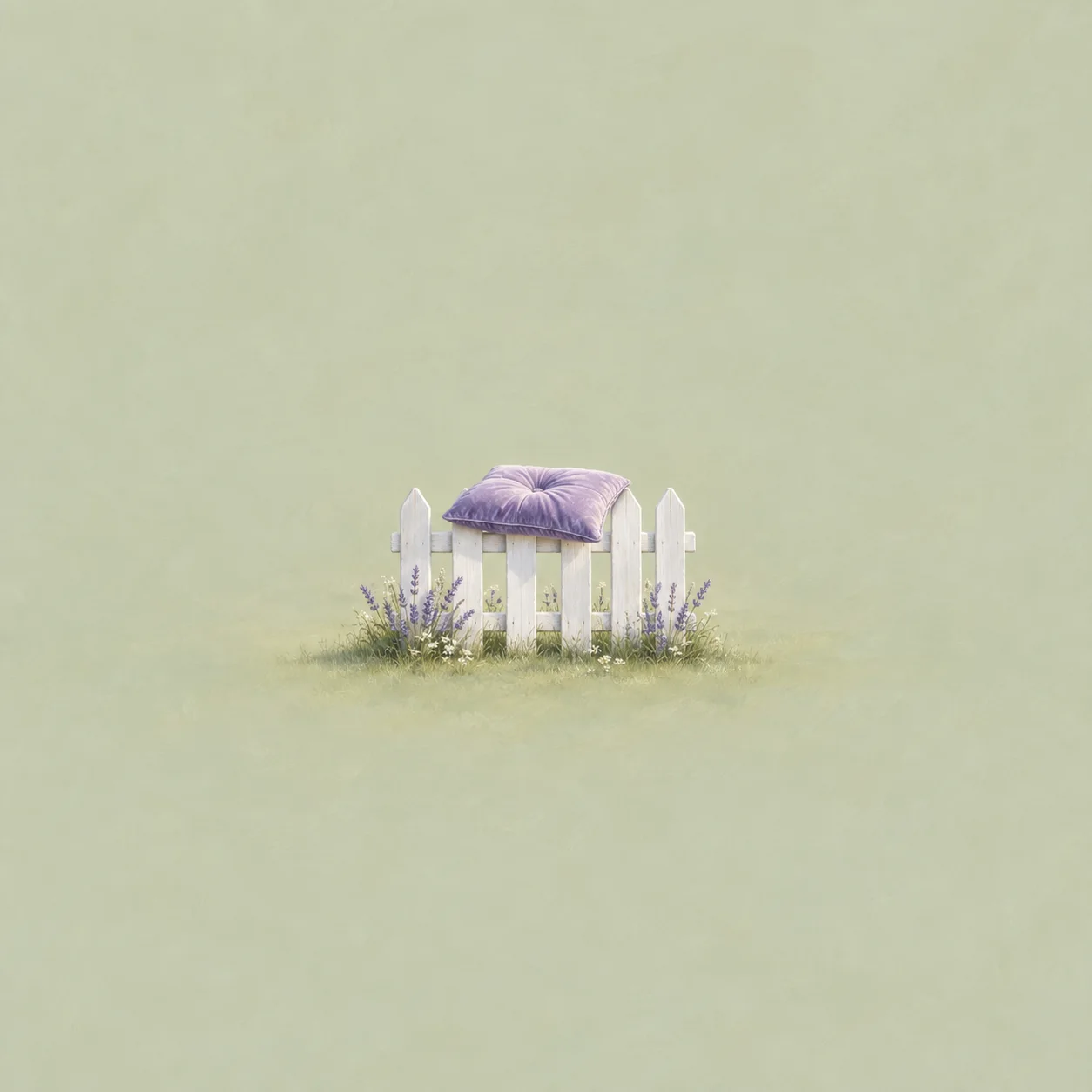 A short white picket fence with a plump lavender cushion resting on its top rail.