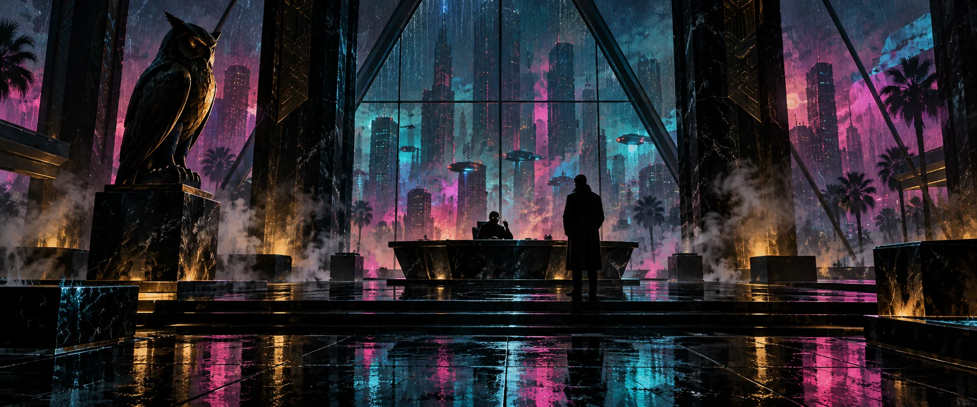 A vast dark corporate office inside a pyramid, a great owl statue beside a long desk, a neon city glowing through the glass.