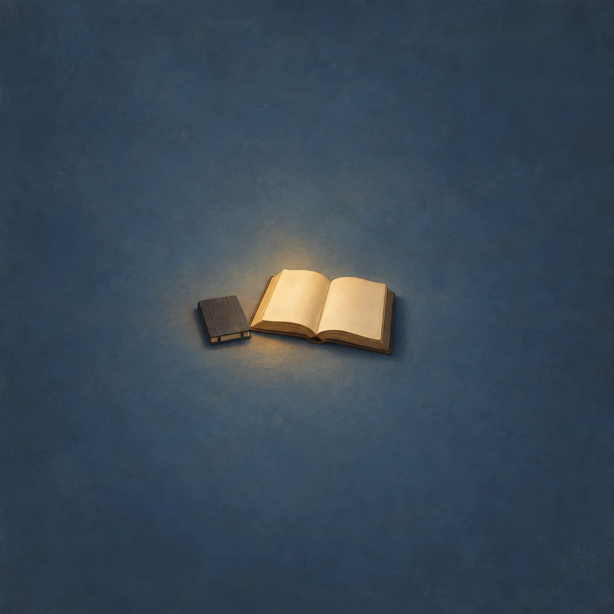 An open book with blank golden pages lies beside a small closed dark book on blue ground.