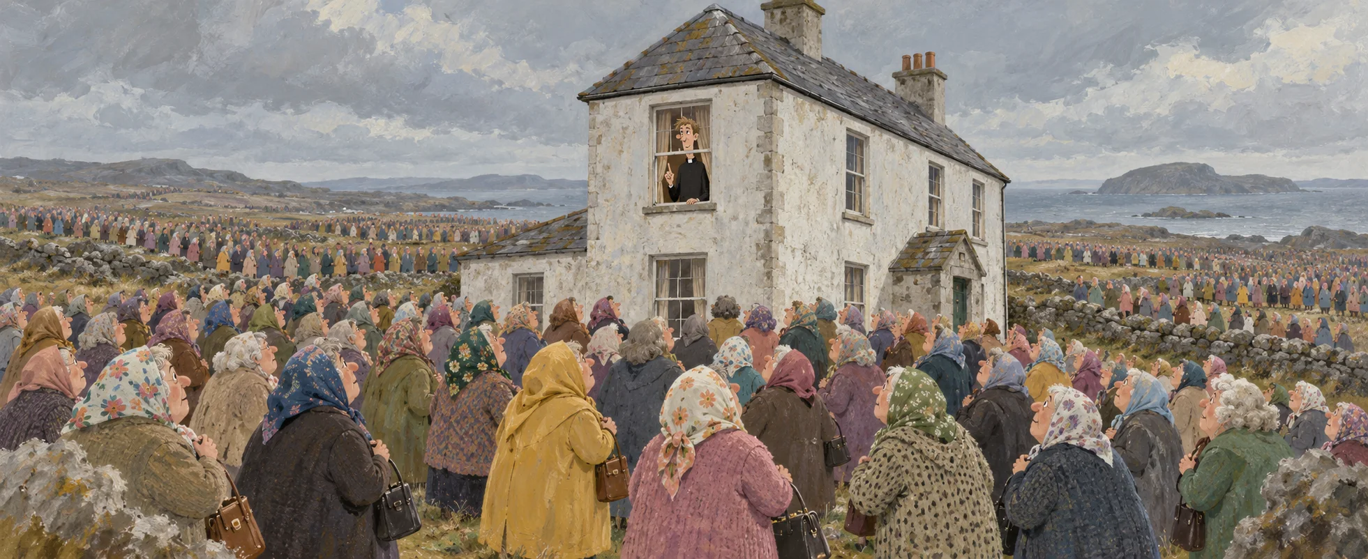 A vast crowd of older women in headscarves and raincoats fills the fields around the lone white parochial house, while Dougal peers out calmly from an upstairs window.
