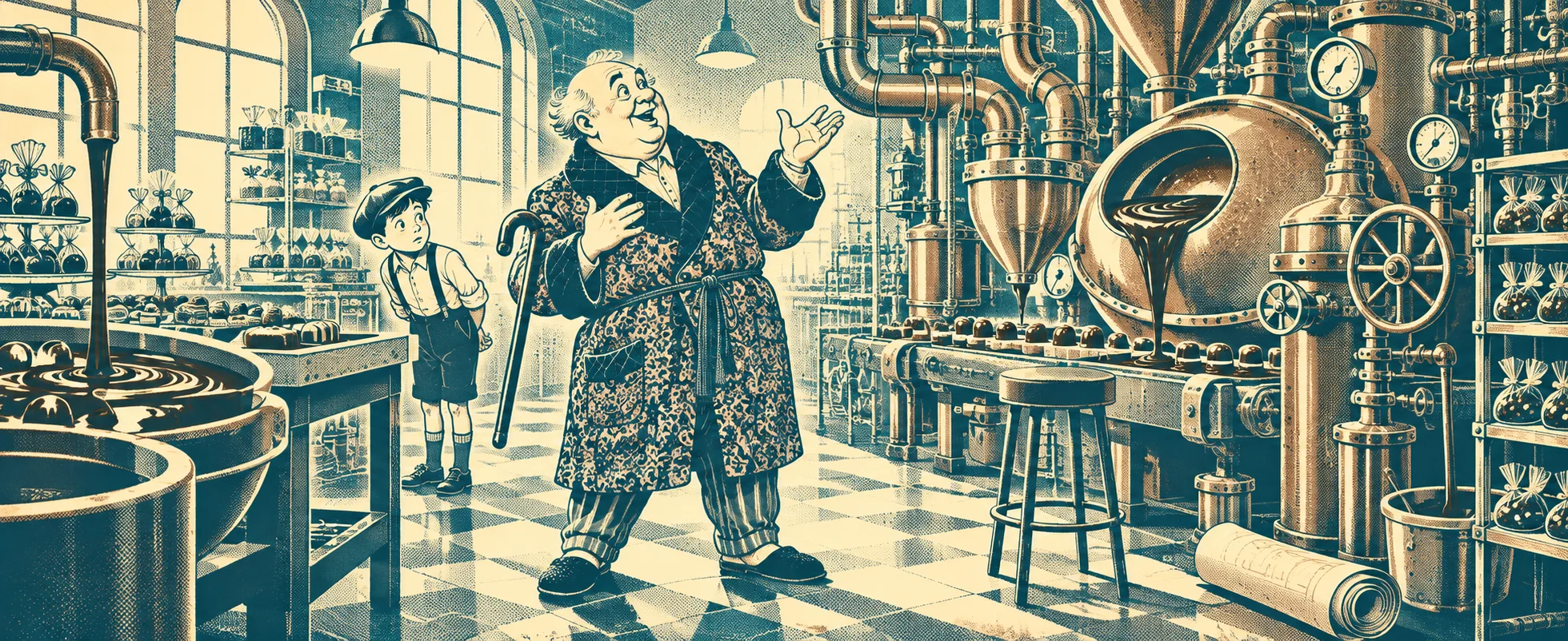 A grandfather in a dressing gown beams and gestures at a boy beside gleaming chocolate machines.