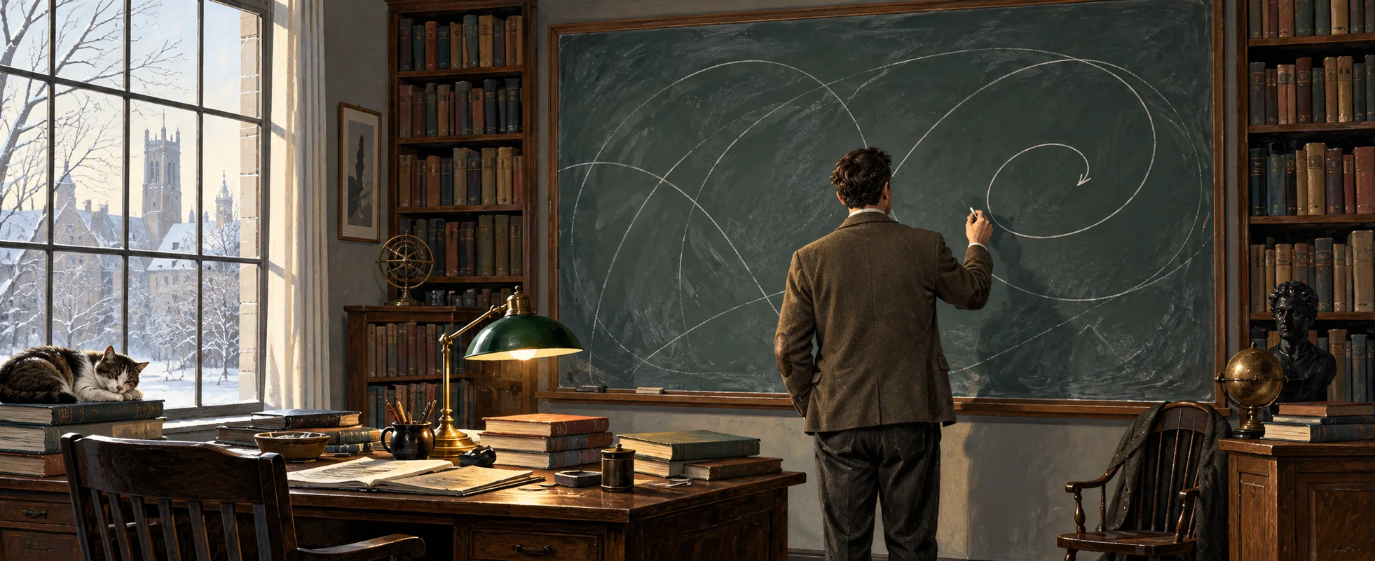 A man in a tweed jacket draws looping arcs on a chalkboard in a book-lined study with a snowy view of college towers.