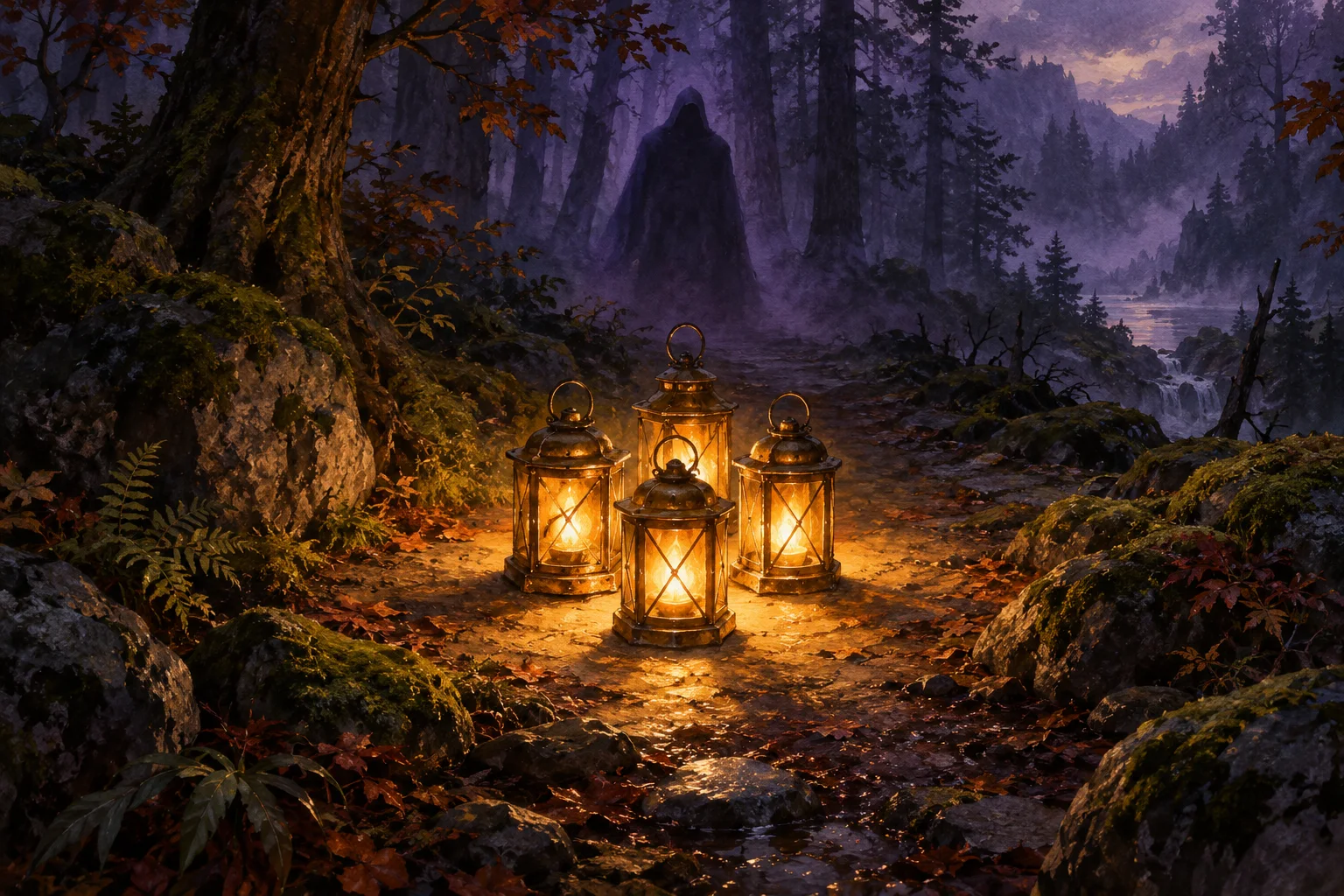 Four brass lanterns cast joined pools of warm light on a dark woodland path.