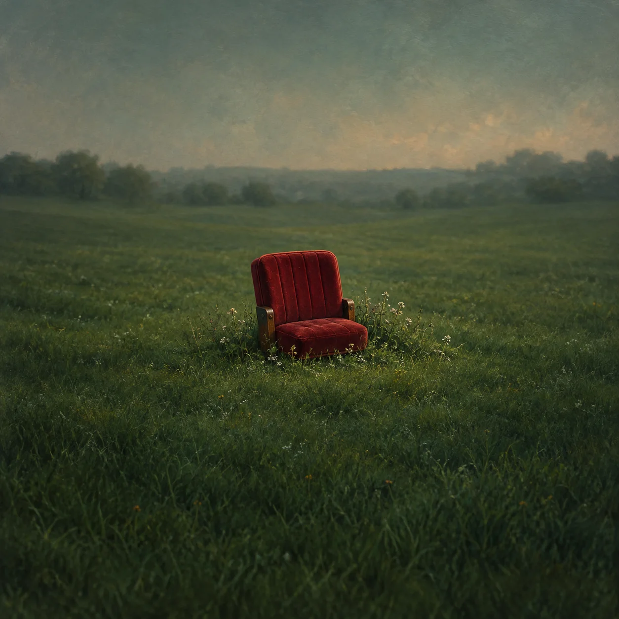 Painterly solitary burgundy theatre chair standing in a green meadow.
