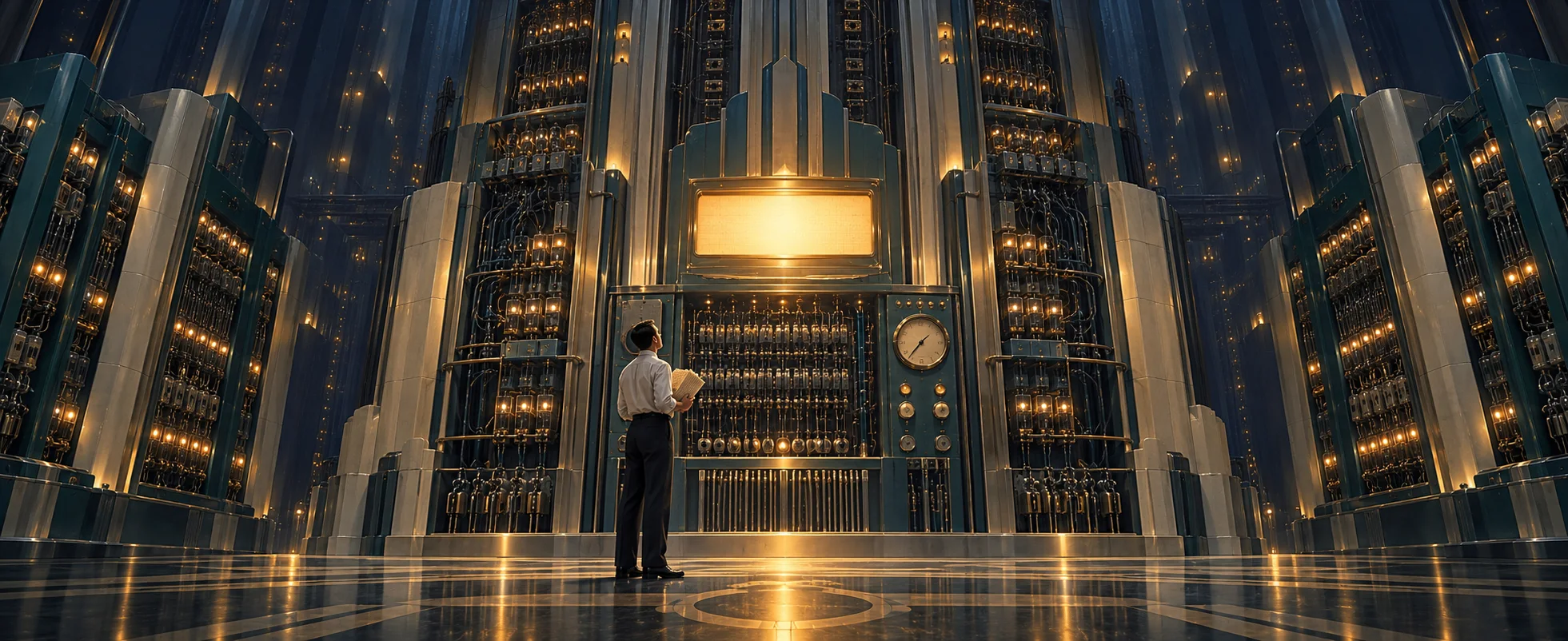 A small technician in shirtsleeves stands before a towering wall of glowing art-deco computer machinery in a vast dark hall.