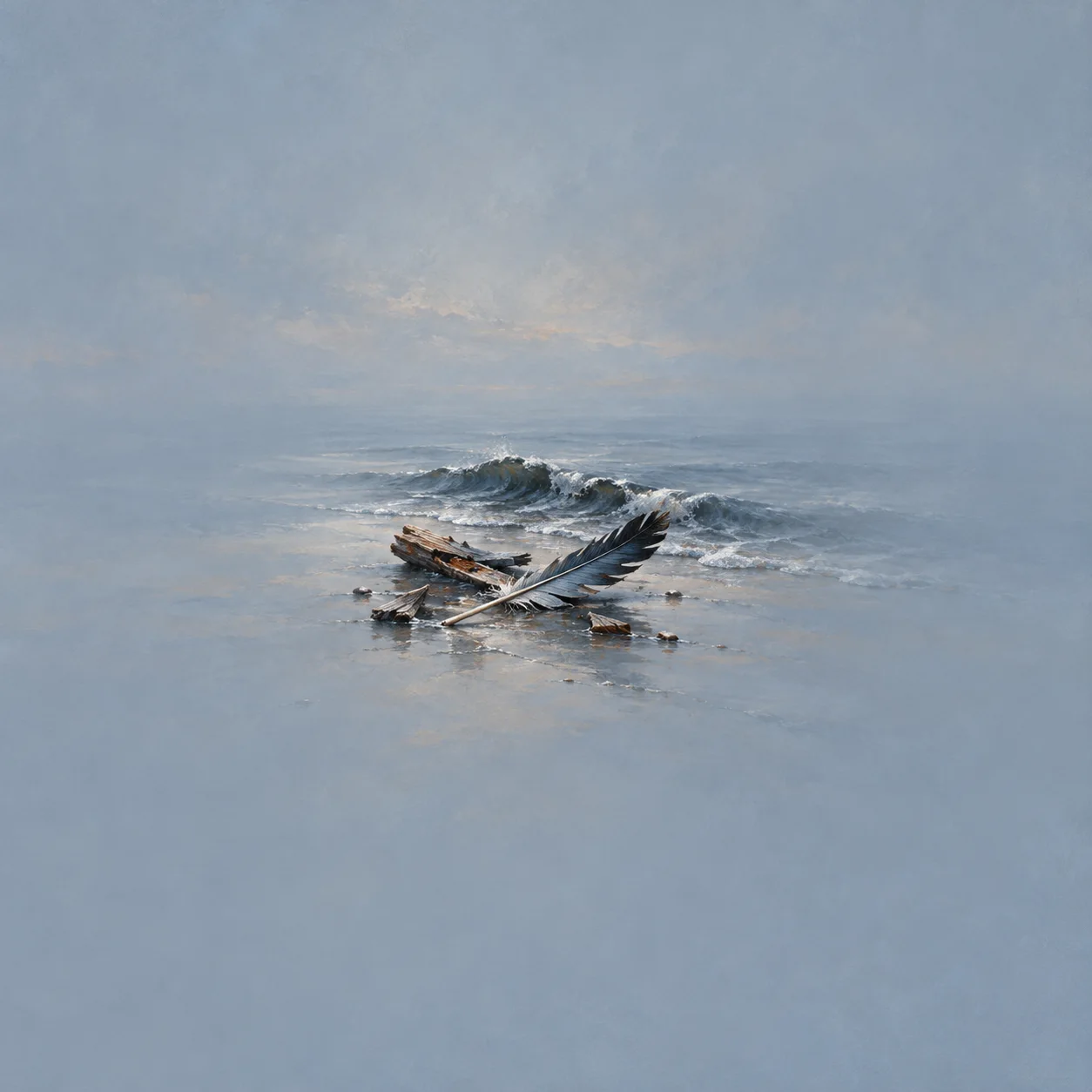 Broken driftwood pieces and a feather on a blue shoreline beside a small dark wave.