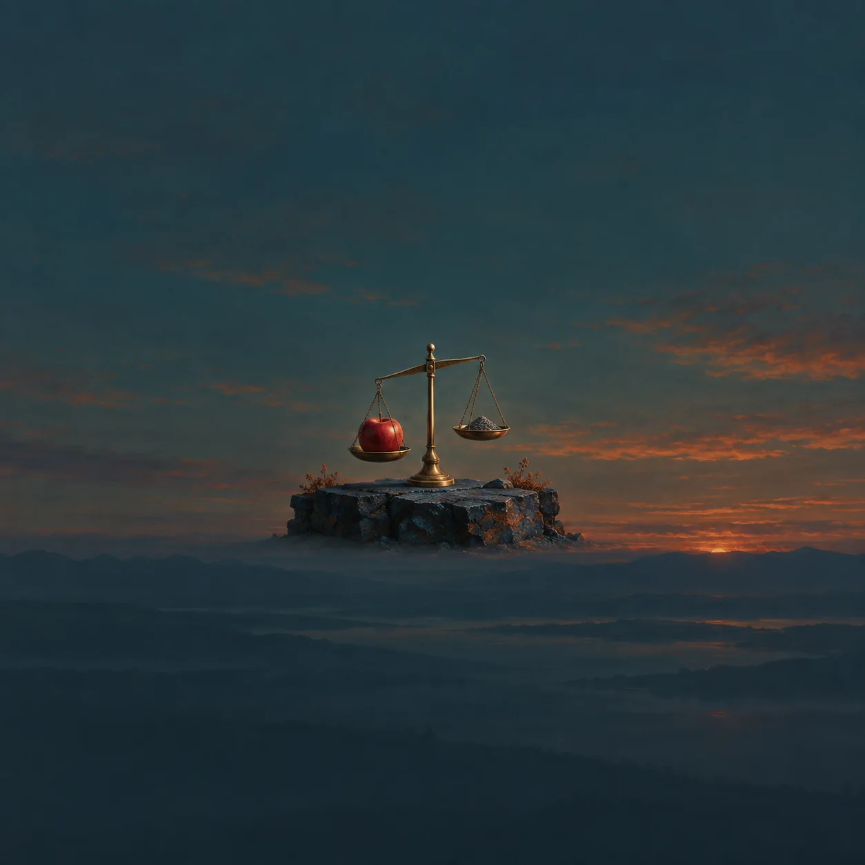 A brass balance scale with a red apple on one pan and small dark metal pieces on the other, on a rocky platform beneath a dusk sky.