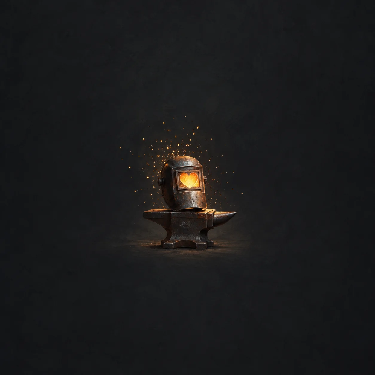 A welding mask with a glowing heart-shaped window rests on an anvil amid golden sparks.