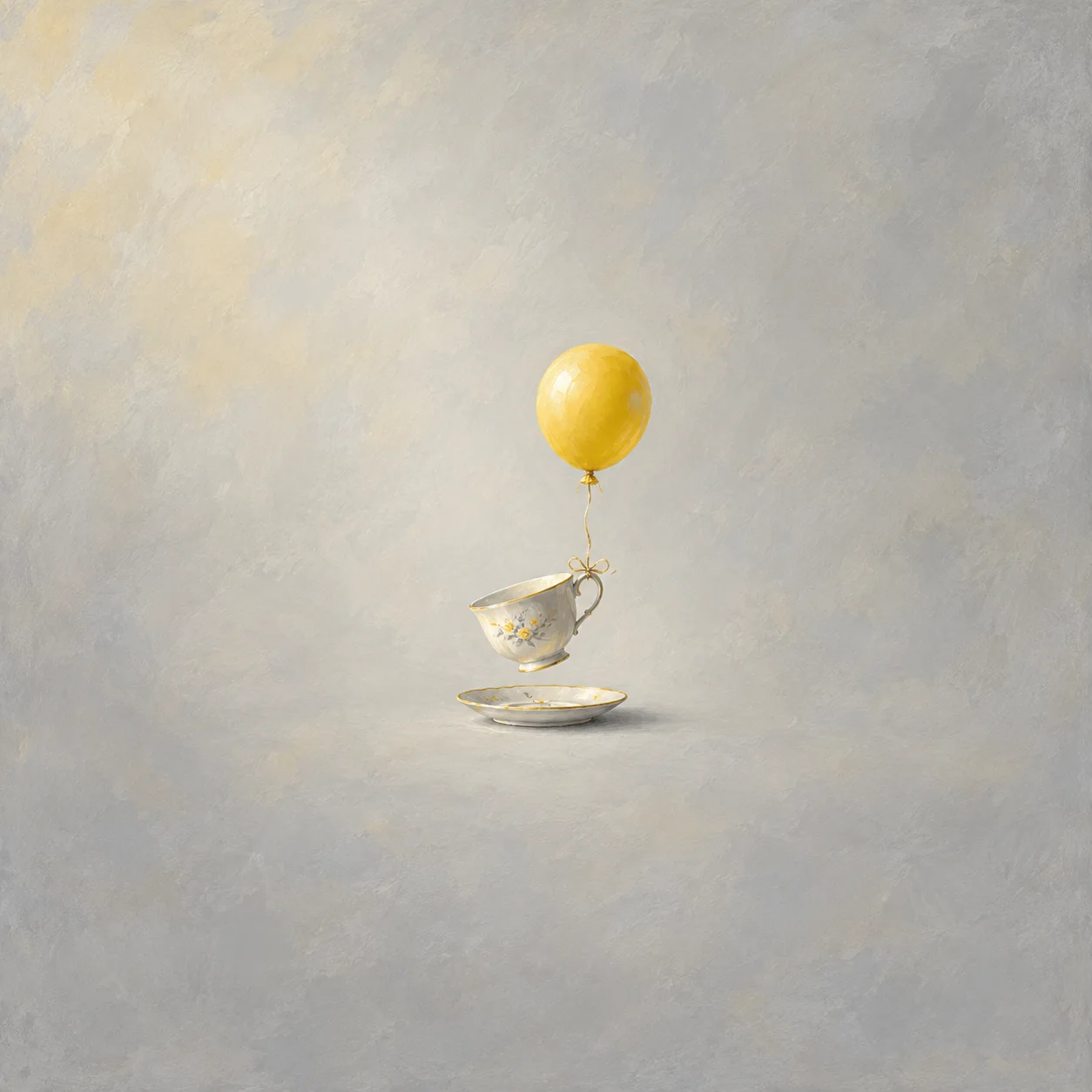 A yellow balloon tied to the handle of a floral teacup, lifting the cup above its saucer.