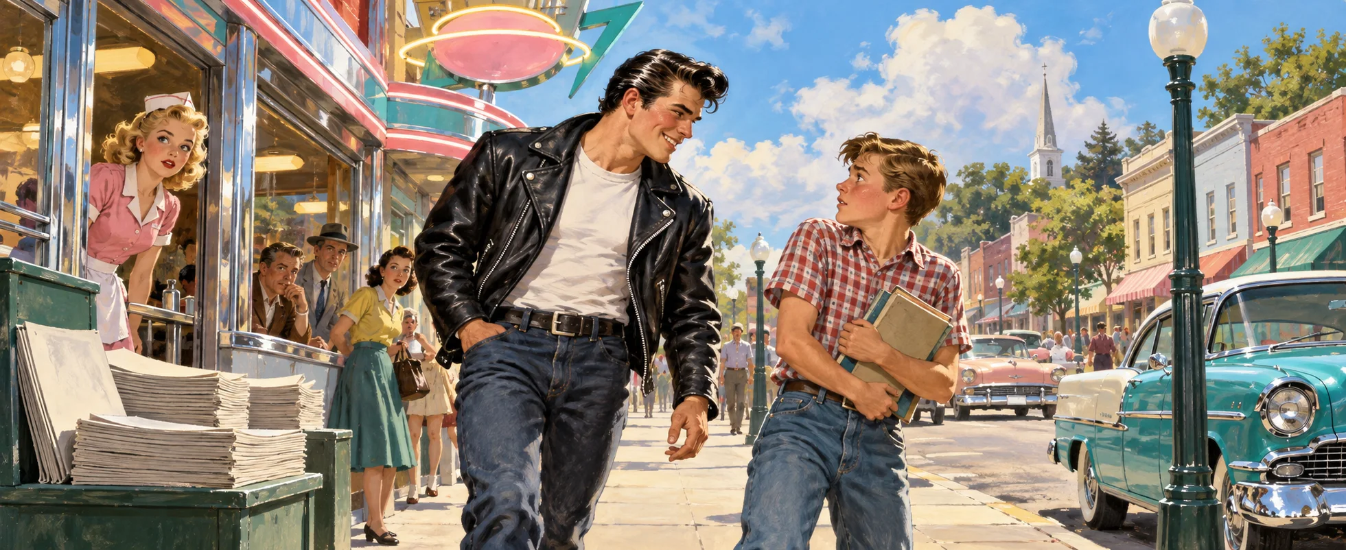 A teenage greaser in a leather jacket leans over a nervous boy holding books on a 1950s main street.