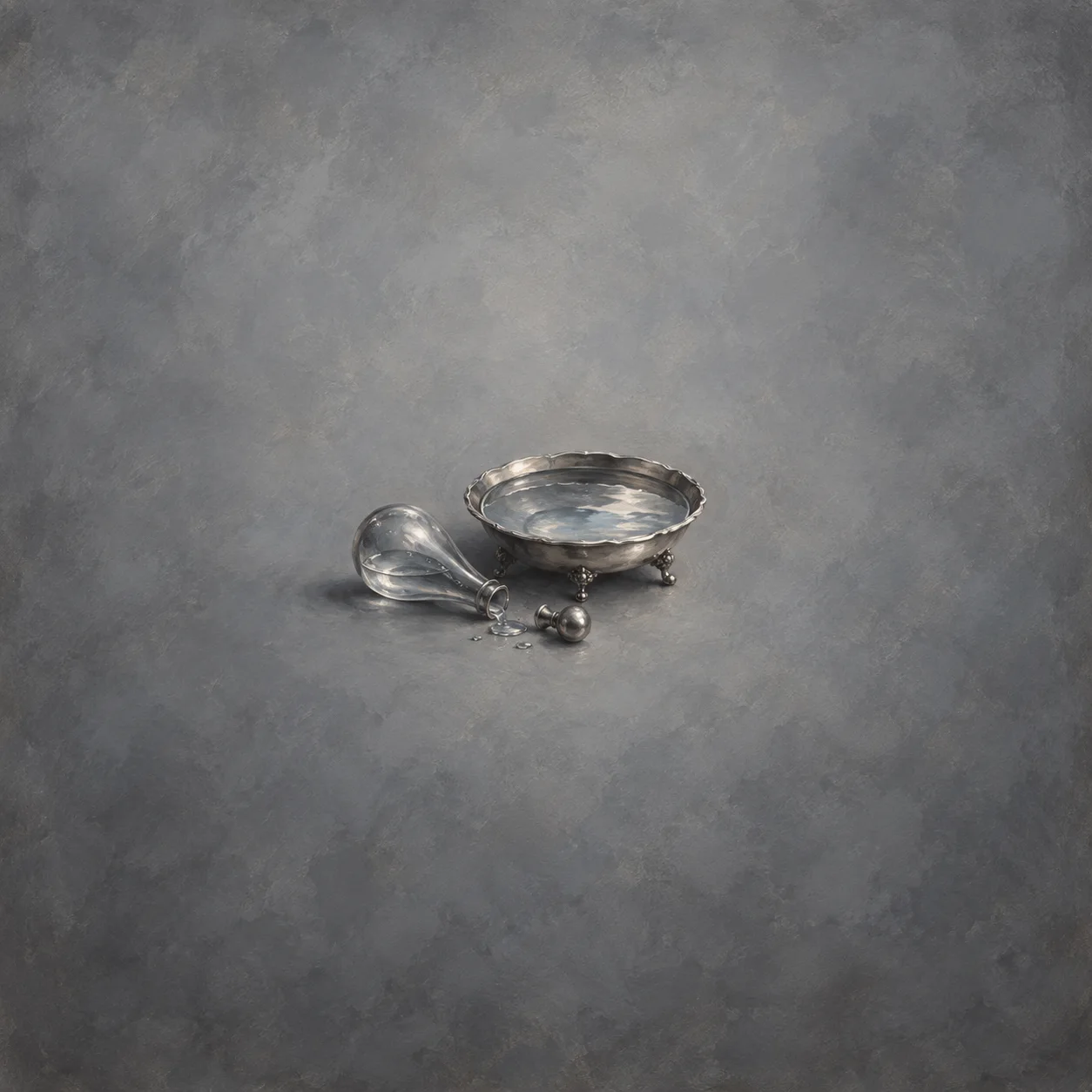 Small glass teardrop vial lying beside a shallow silver water dish, stopper and few water droplets on slate