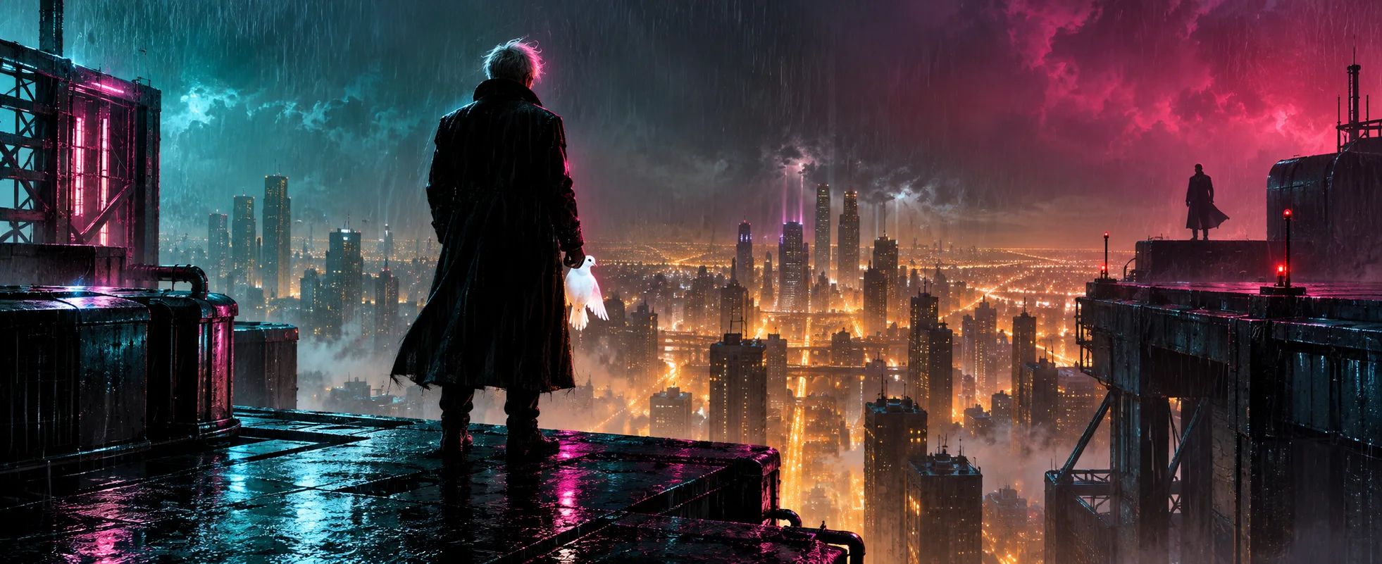A pale-haired figure in a long coat holds a white dove on a rain-lashed rooftop above a neon city at night, a second man crouched across the gap.